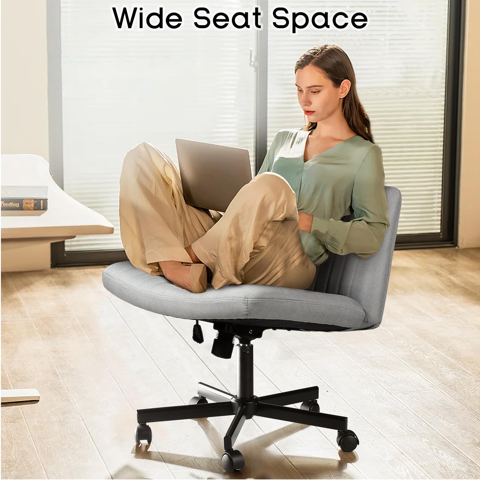 Criss Cross Chair, Armless Cross Legged Office Desk Chair No Wheels, Fabric Padded Modern Swivel Height Adjustable Mid Back Wide Seat