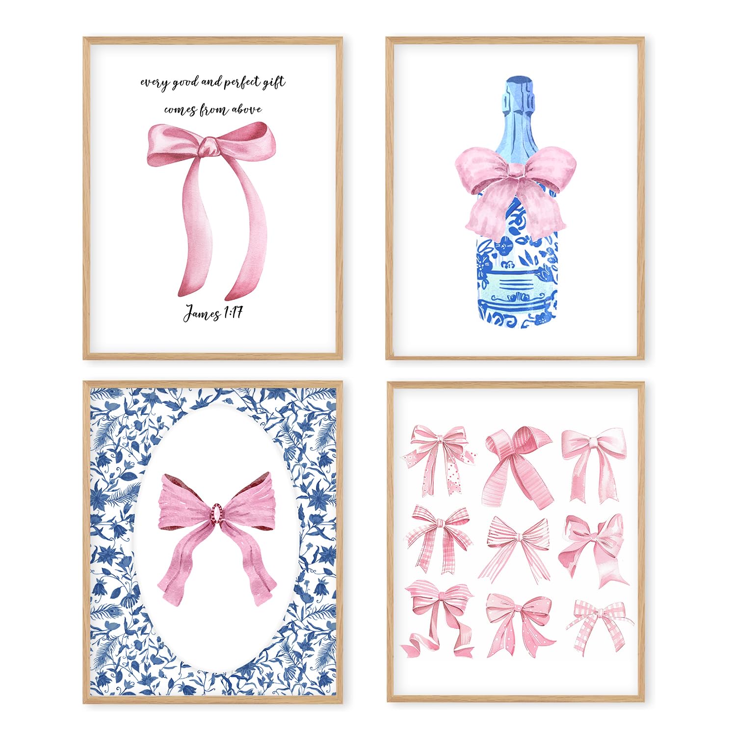 Porcelain Chinoiserie Posters Bow Wall Prints Unframed, 8x10 Blue Print Set Of 4, Pink Bow Coquette Room Decor