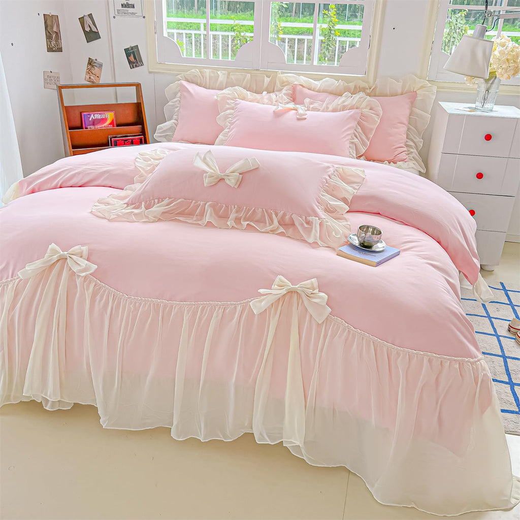 Girls Lace Bedding,Queen Comforter Cover Set, Chic Ruffled Duvet Cover with Lovely Bow,Princess Style 1 Duvet Cover with 2 Pillowcases, No Comforter-Hot Pink,Full Size