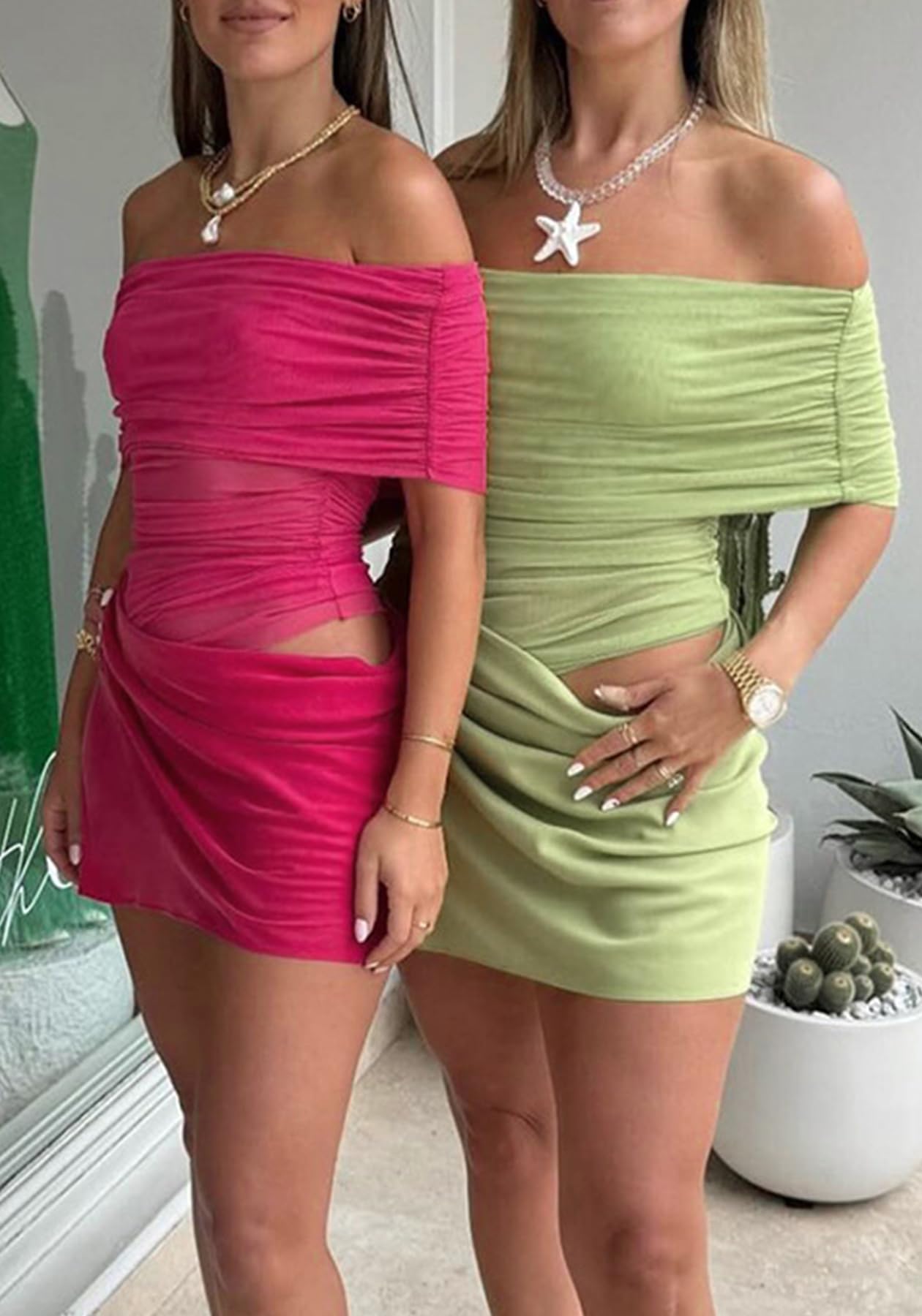 Women's Off The Shoulder Sheer Mesh Mini Dress Ruched Dresses Sexy See Through Y2k Short Dress