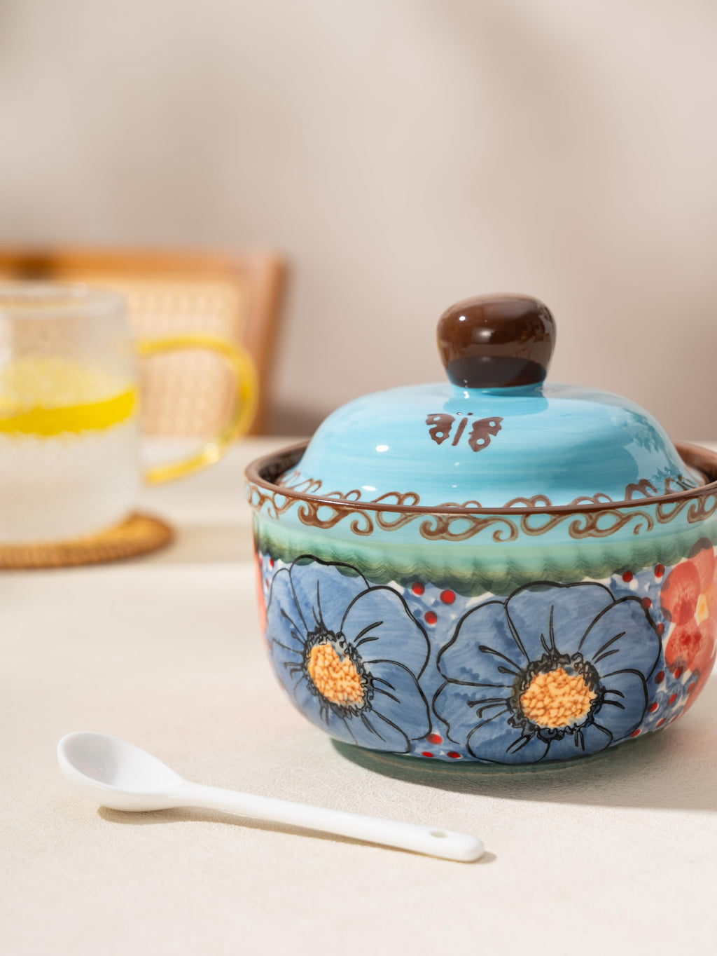 Handmade Sugar Bowl with Lid and Spoon, 10 Ounce Ceramic Hand-Painted Sugar Jar for Kitchen Oven, Dishwasher & Microwave Safe, Glazed