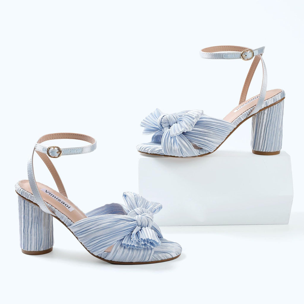 Women's High Block Chunky Heel Sandals Fashion Open Toe Ankle Buckle Strap Pleated Bow Heel