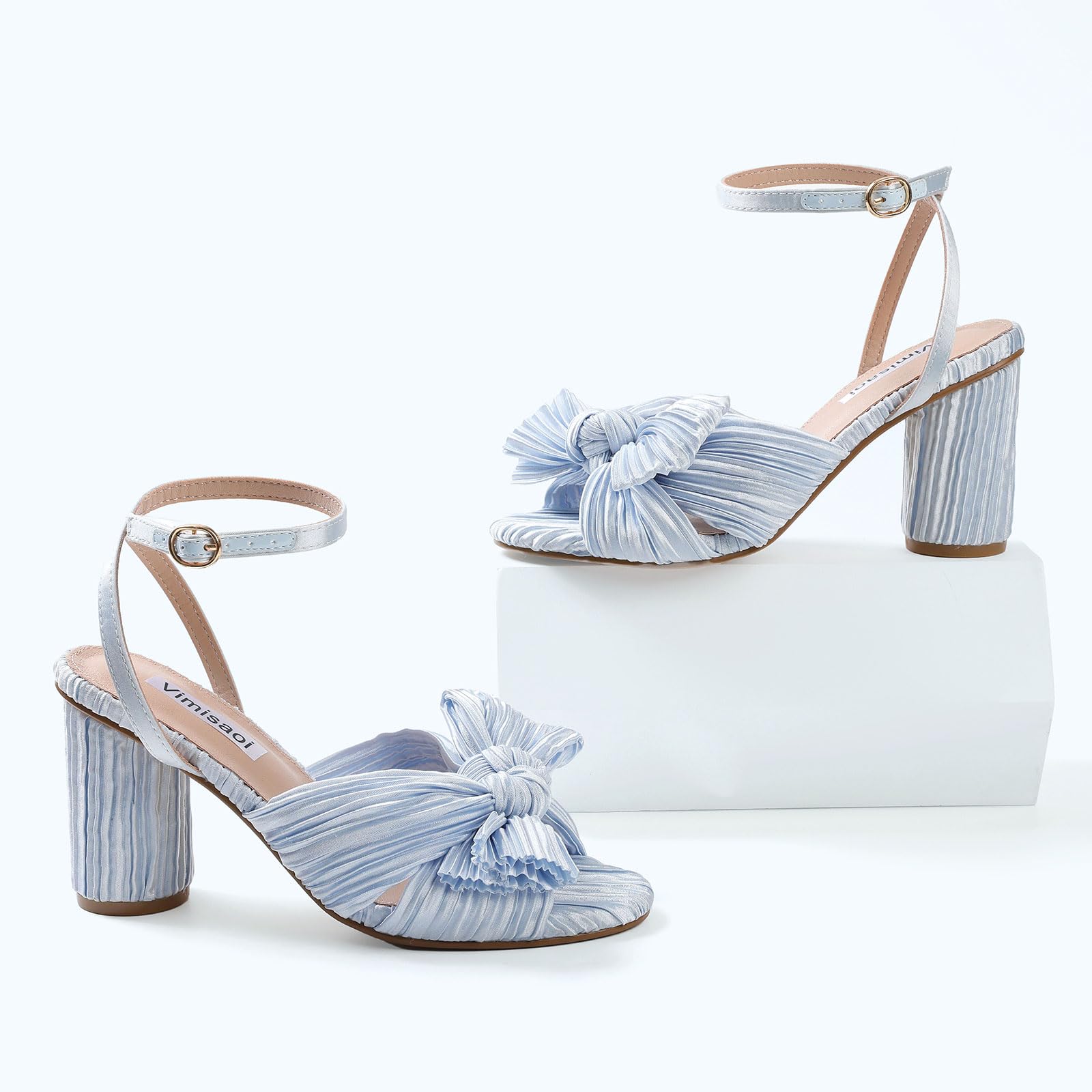 Women's High Block Chunky Heel Sandals Fashion Open Toe Ankle Buckle Strap Pleated Bow Heel