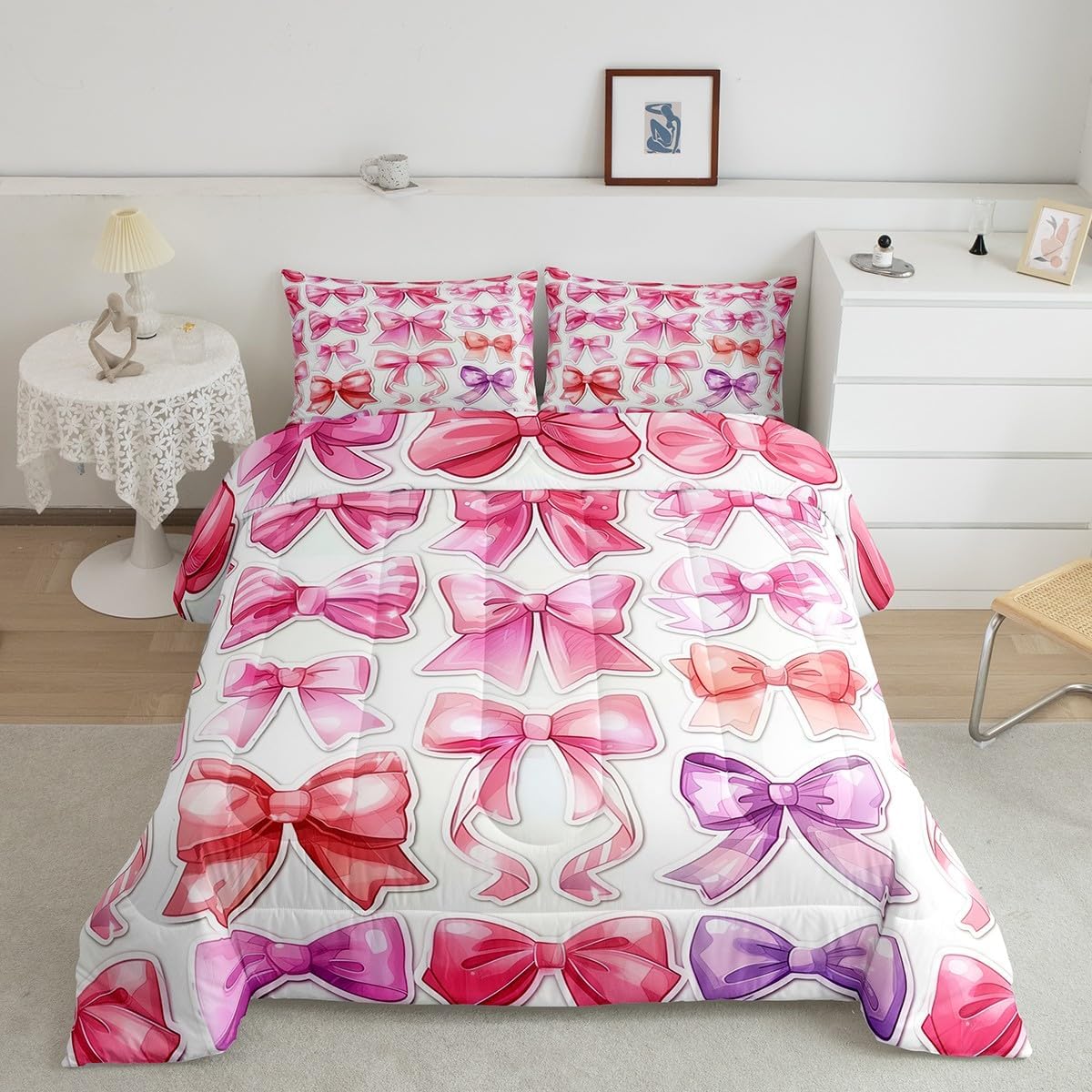 Floral Bowknot Comforter Set,Pink Bow Tie Print Bedding Set Cute Bow Flower Comforter Princess Style Bed Set for All Season