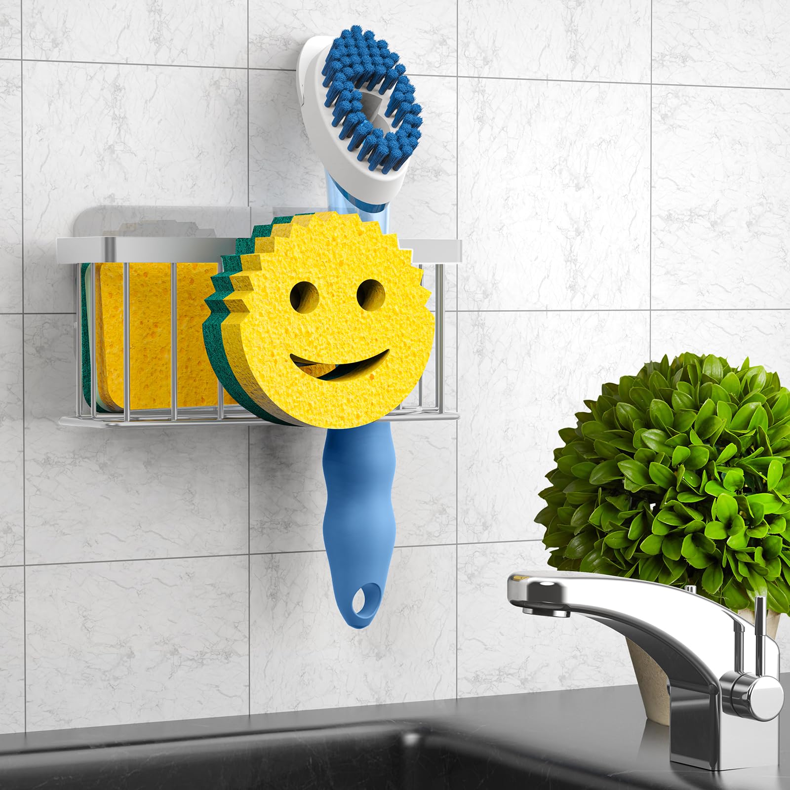 Sponge Holder Smiley Face, Sink Caddy for Kitchen Organizer Sponge Holder with 2 PCS Suction Cups/1 PCS Adhesive Strips