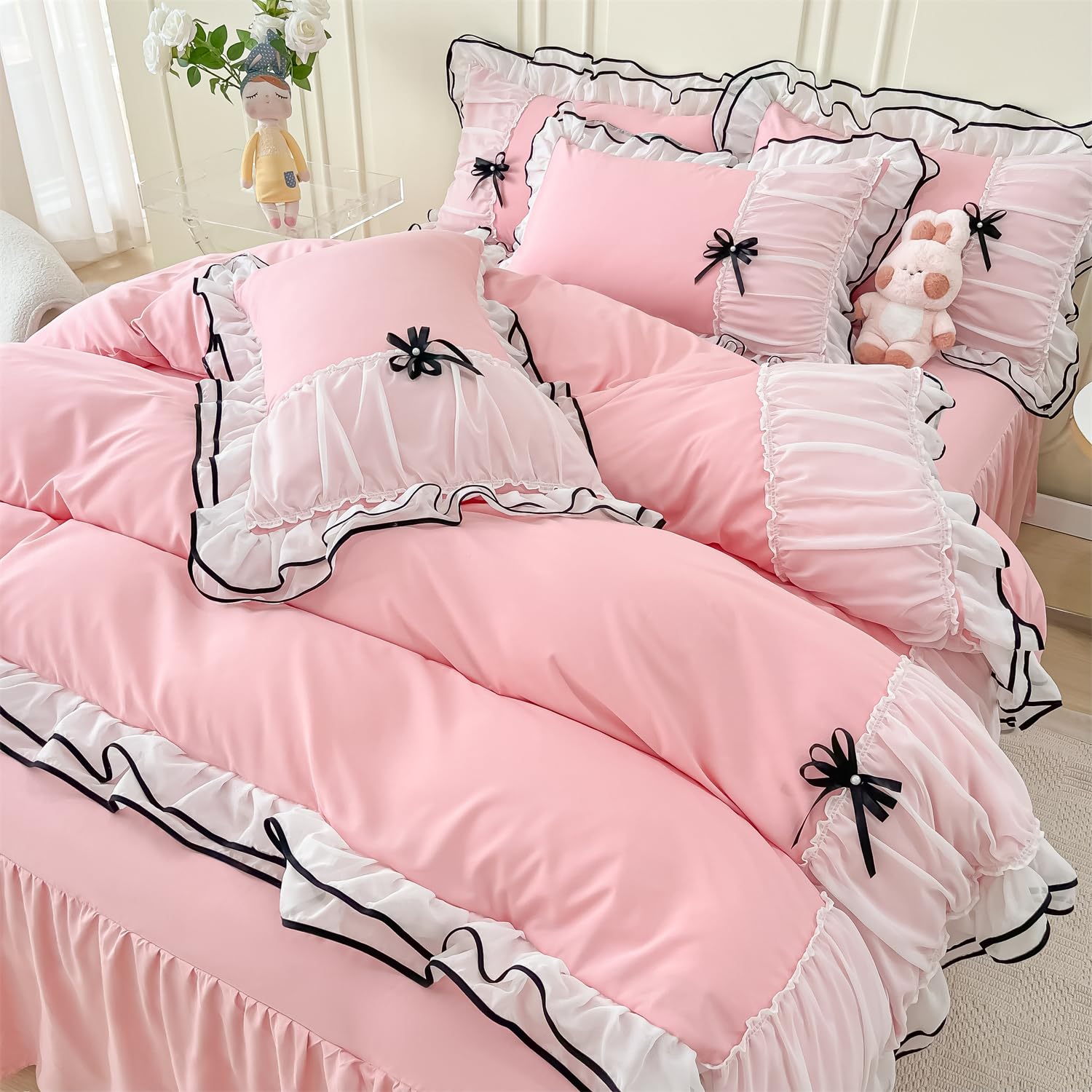 Duvet Cover Ruffle Beddding Set with Bowtie - 3 Pieces Comforter Cover Set with Zipper Closure & Pillowcase - Comforter Not Included
