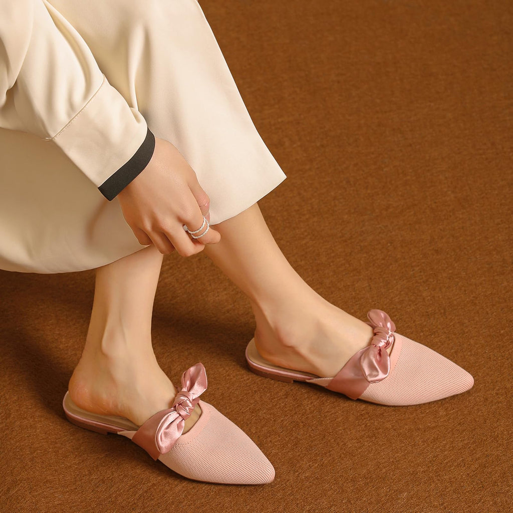Knotbow Mules for Woman Pointed Toe Flats Bow Mules Slip On Slides Flats Shoes Women Dressy Comfortable