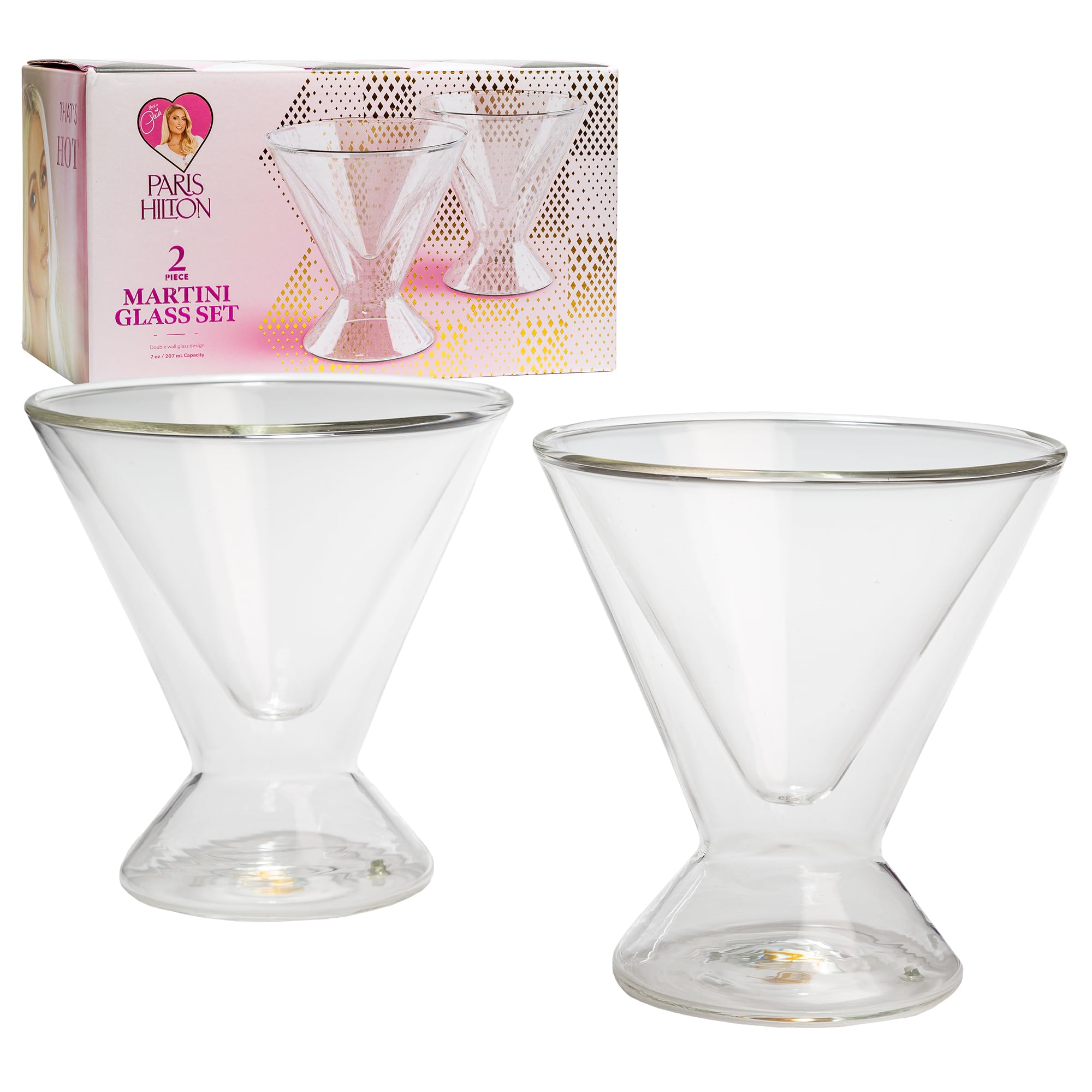 Paris Hilton 2-Piece Martini Glass Set, Double Wall Glass Design, Iridescent with Glitter Hearts - 207mL 7-Ounce