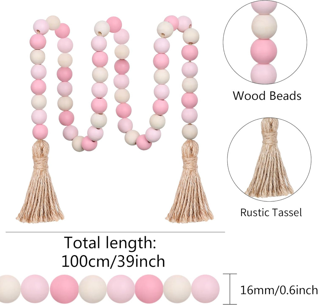 Wood Bead Garland,39in Farmhouse Beads with Tassels Boho Beads for Tiered Tray Decorative Beads Home Decor