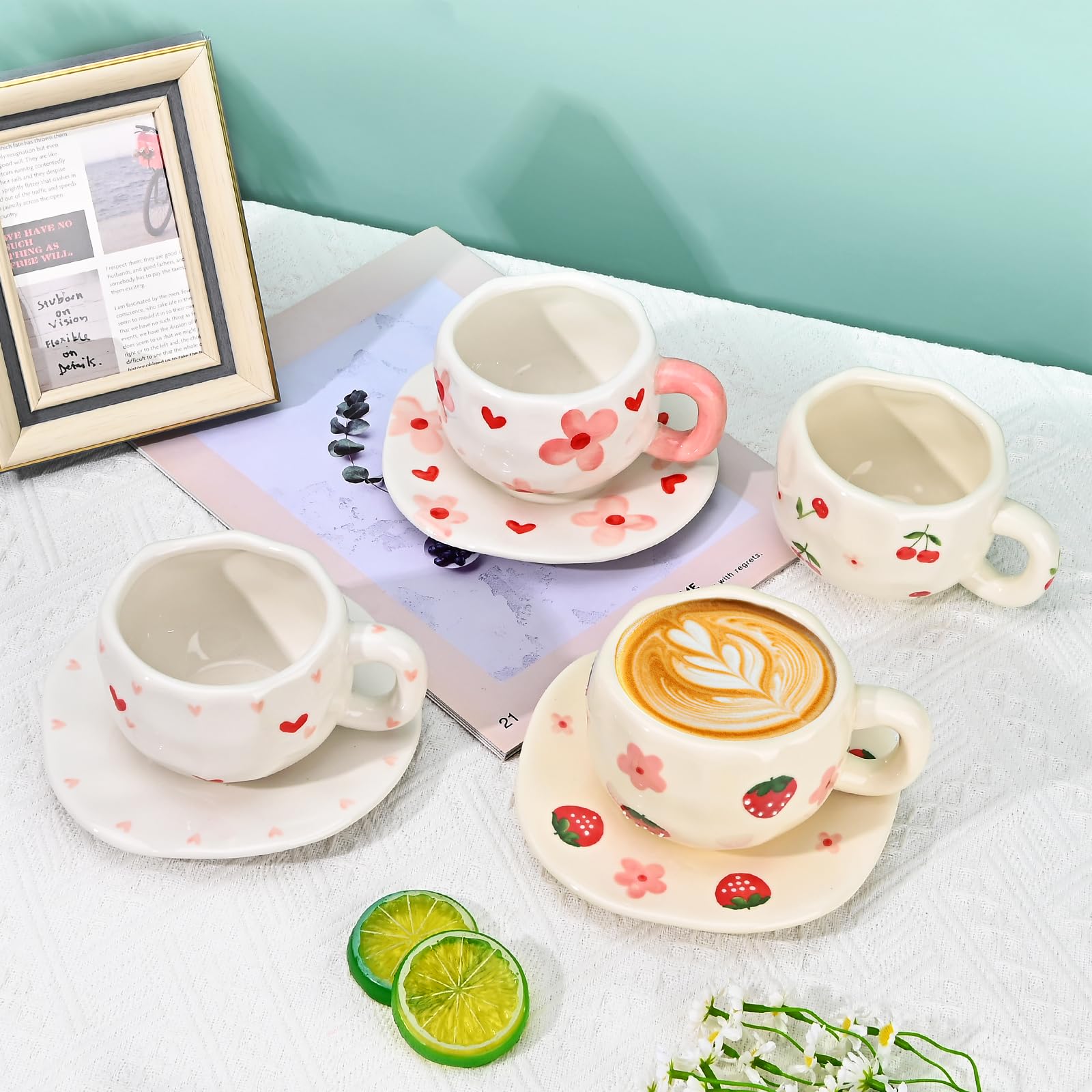 Ceramic Coffee Mug with Saucer Set, Cute Creative Cup Unique Irregular Design, 10 oz/300 ml