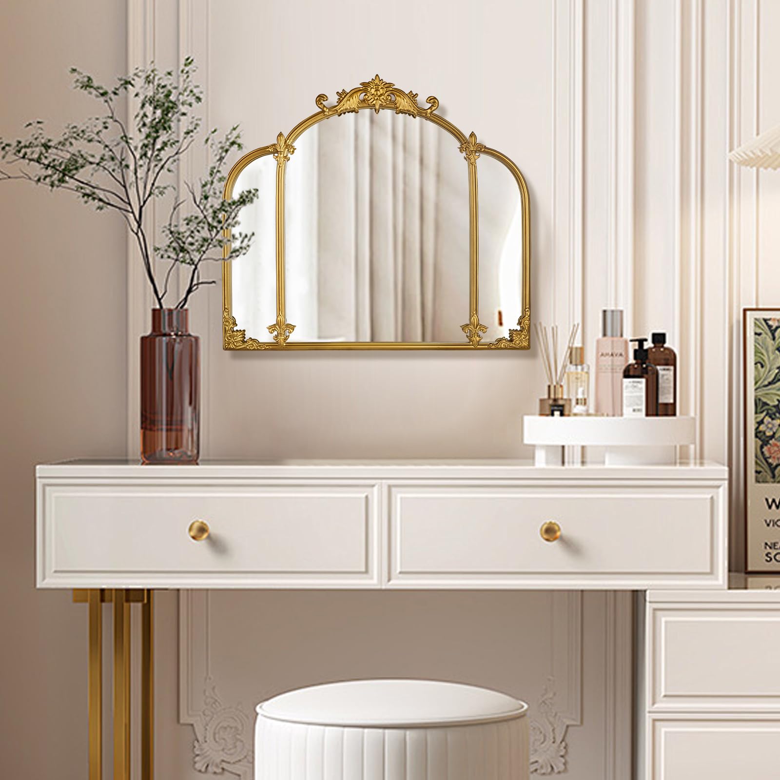 Gold Arch Wall Mirror, Vintage Ornate Baroque Mirror with Metal Frame, Decorative Vanity Mirror 24"x22"