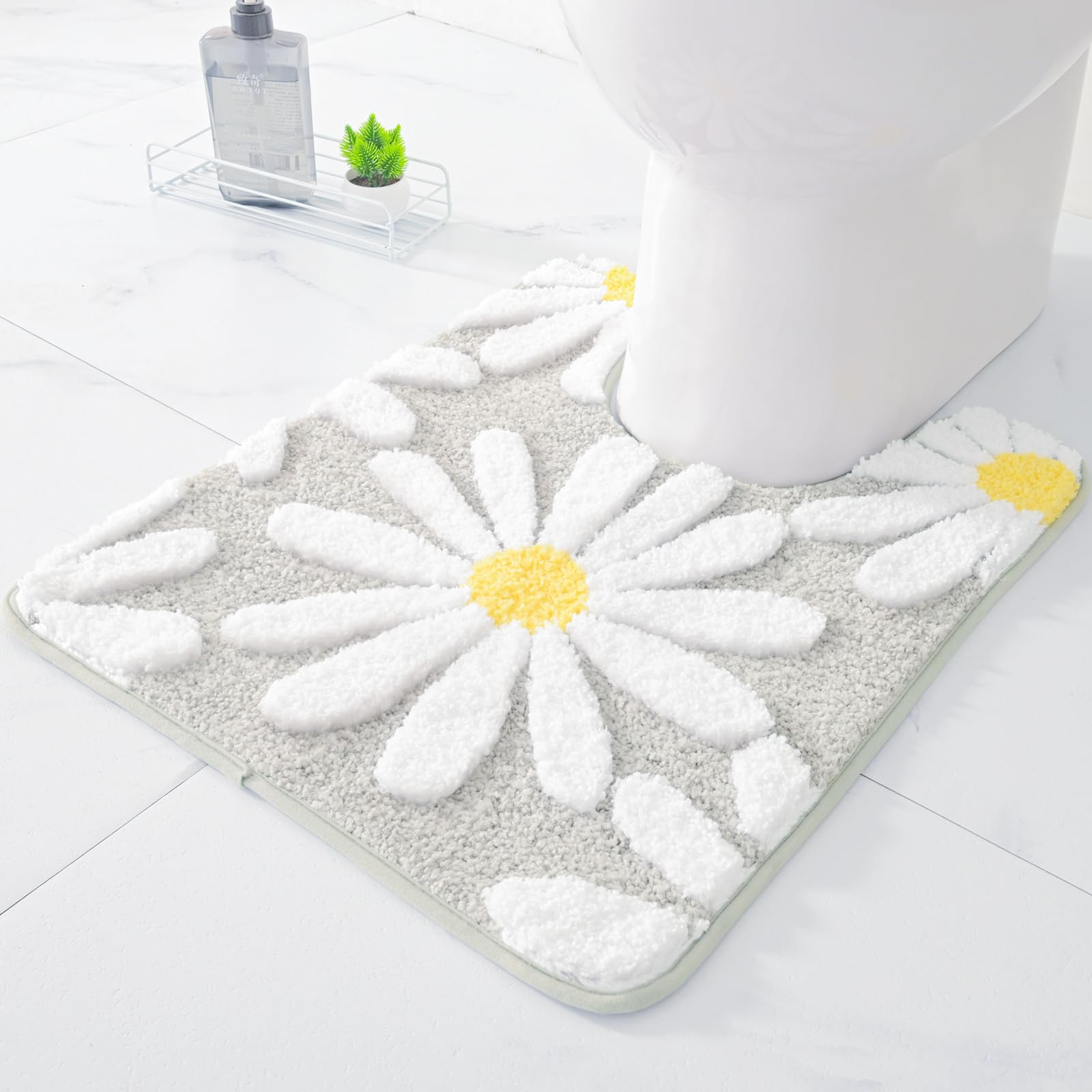 U Shaped Toilet Mat Cute Daisy Contour Bath Rug 20"x20", Extra Thick Soft Machine Washable Toilet Carpet, Non Slip Bathroom Floor Mats Super Absorbent Microfiber Bath Rugs