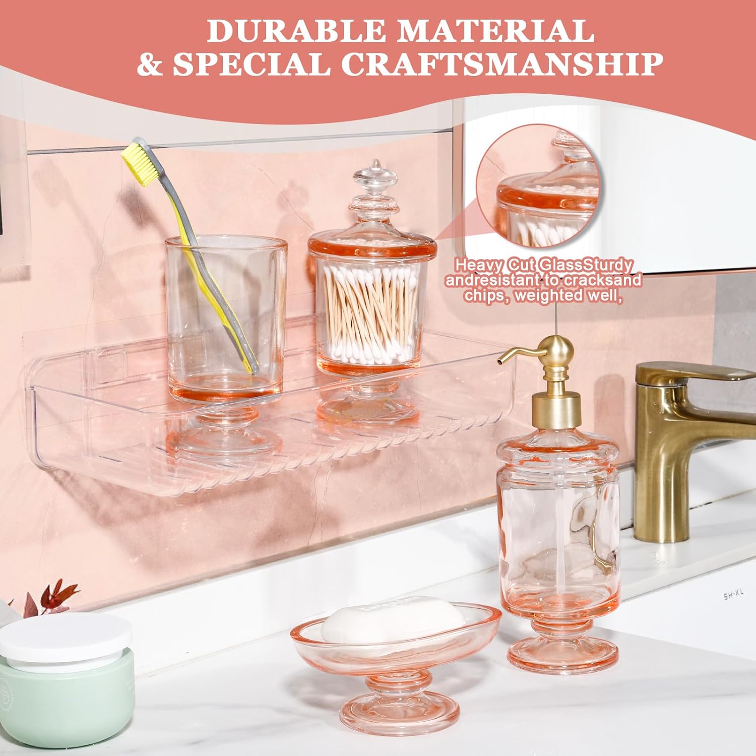 Pink Bathroom Accessories Set Glass Bow Decor 4Pcs, Lotion Soap Dispenser & Soap Dish & Toothbrush Holder & Cotton Swab Jar