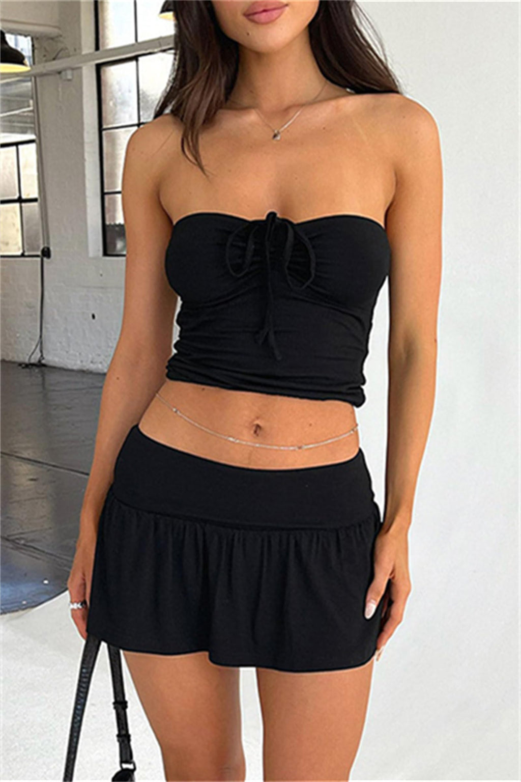 Women Sexy Summer 2 Piece Sets Drawstring Ruched Crop Tube Top Low Rise Ruffle Mini Skirts Sets Y2k Outfits