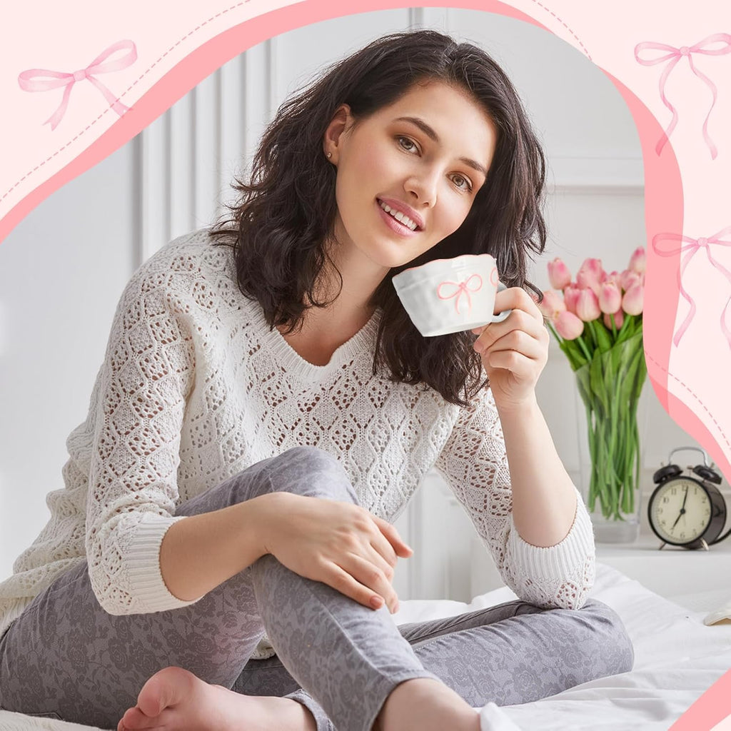 Pink Bow Mug 13. 5 Oz/ 400 ml Pink Coquette Bow Coffee Mug Preppy Aesthetic Ceramic Cup with Handle