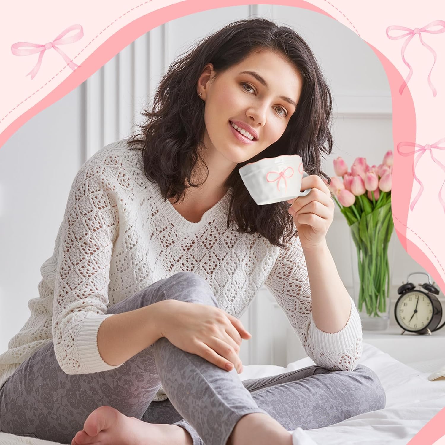 Pink Bow Mug 13. 5 Oz/ 400 ml Pink Coquette Bow Coffee Mug Preppy Aesthetic Ceramic Cup with Handle