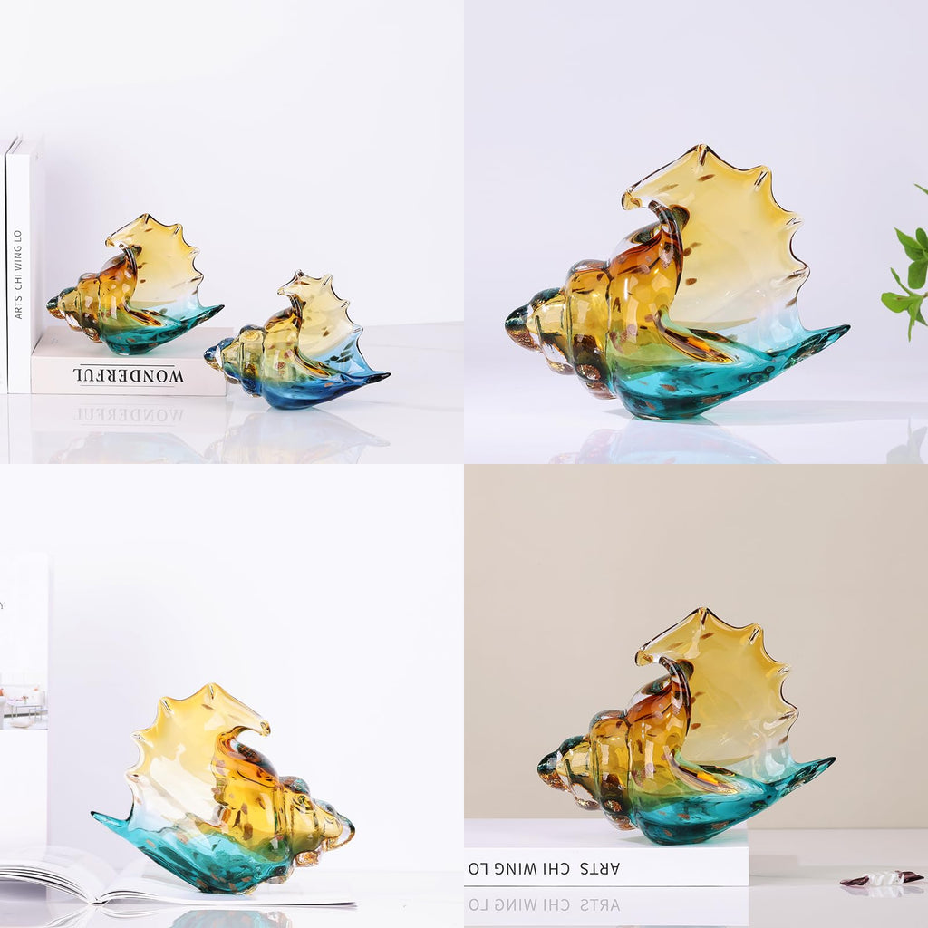 Hand Blown Glass Conch - Coastal Home Decor Conch Corners, Glass Art Conch Sculptures, Office Decor Blown Glass Art, Living Room Table Centerpieces, Bathroom Shelf Tops And Cabinet Decor