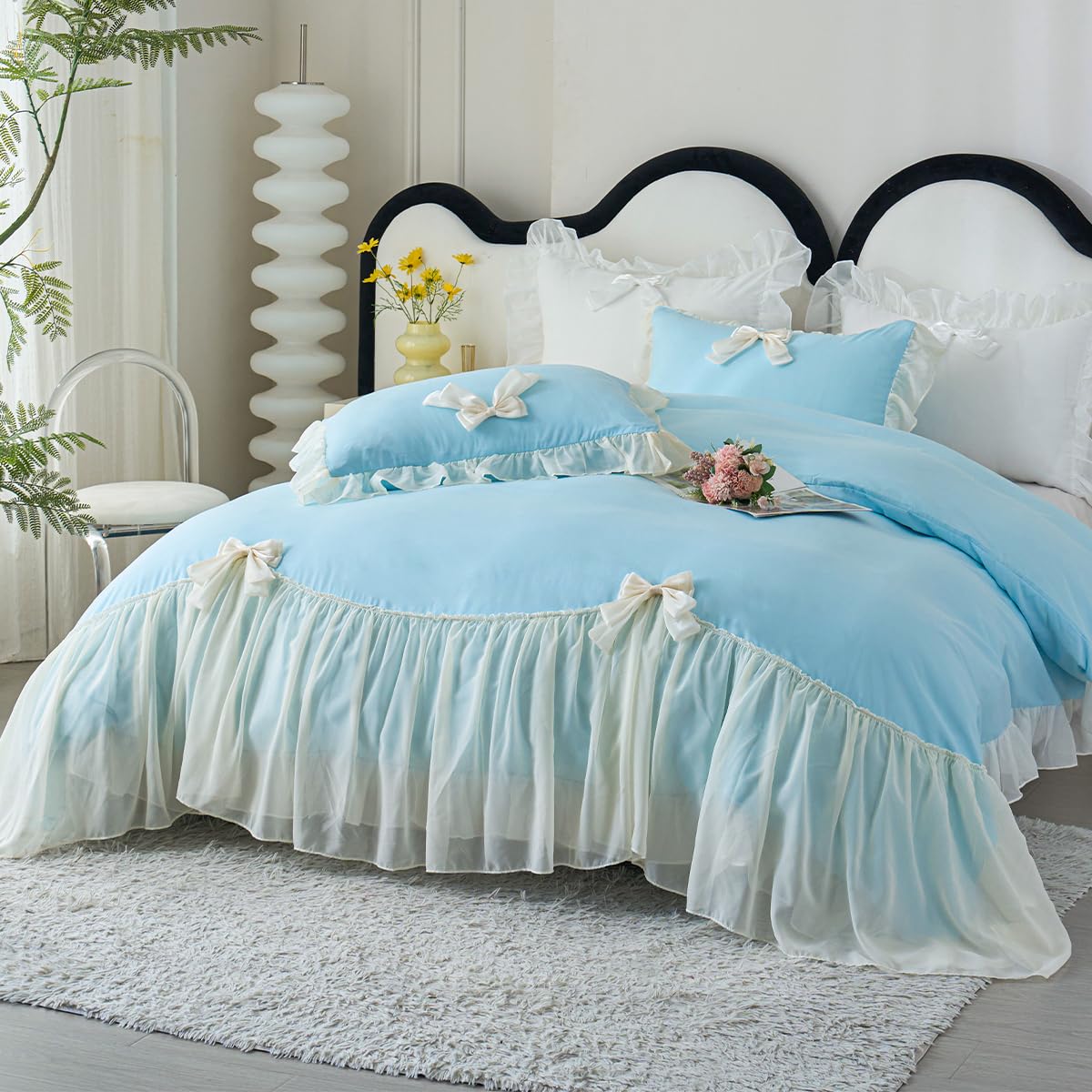 Ruffle Duvet Cover Bedding Set with Bowtie, 2 Pieces Comforter Cover Set with Zipper Closure with Pillowcase