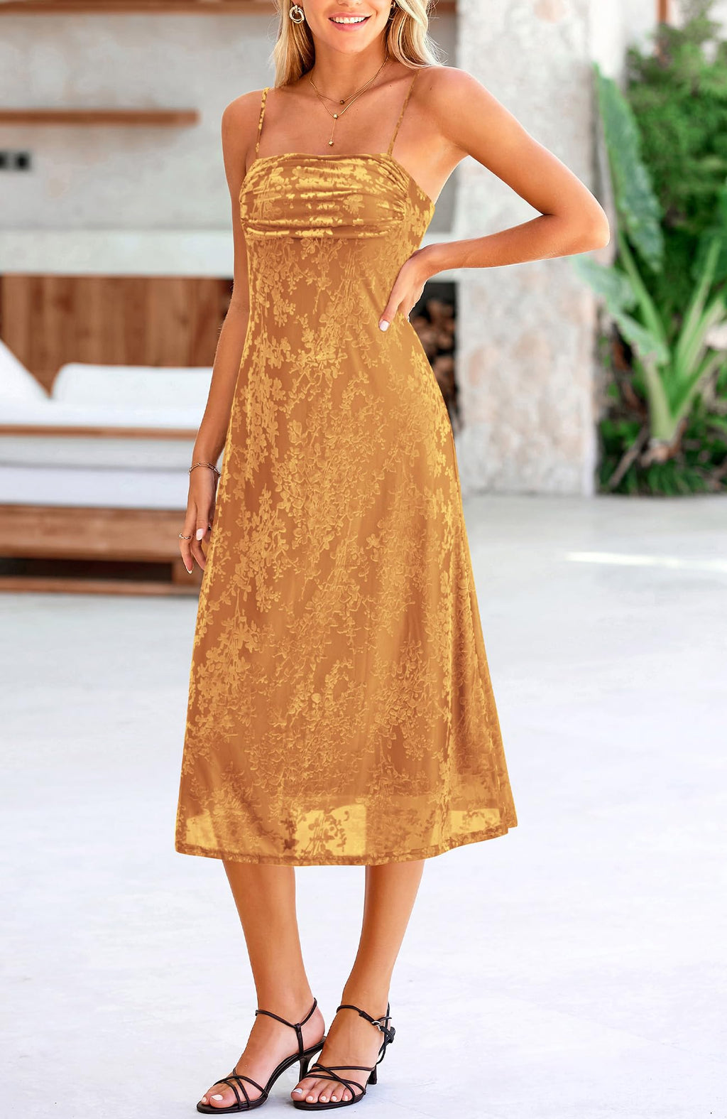 Women's Sleeveless Spaghetti Strap Midi Sexy Cowl Neck Floral Dress