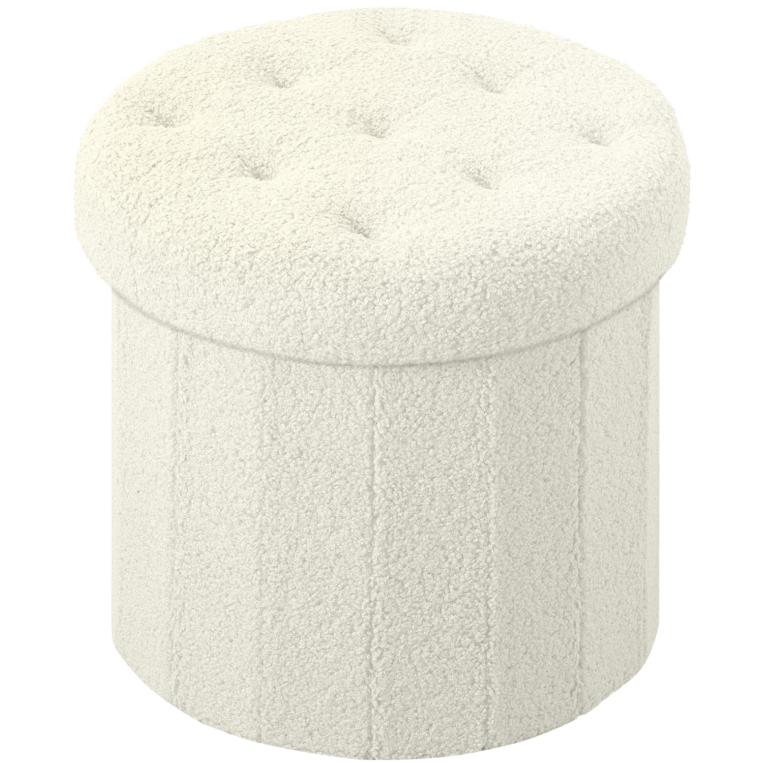 Round Storage Ottoman Foot Stool, Faux Teddy Tufted Ottoman with Storage, Foot Rest for Living Room Bedroom or Dorm 13.7x13.7x13 inches