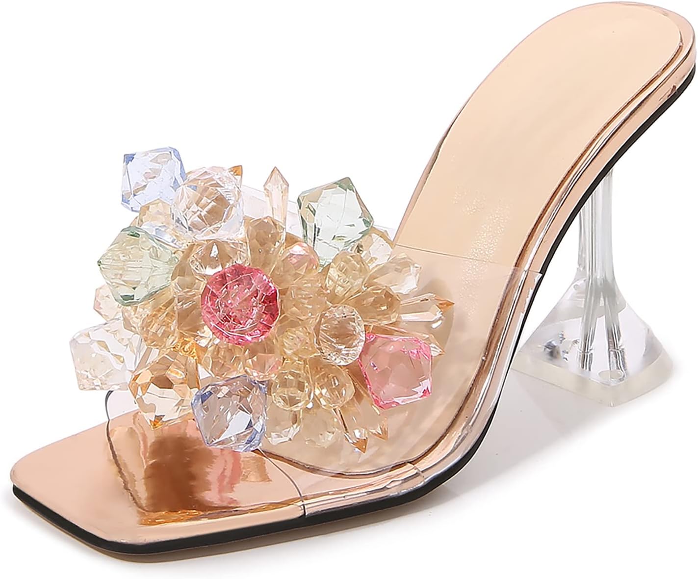 Women's Crystal Flower Heels Square Toe Heeled Sandals