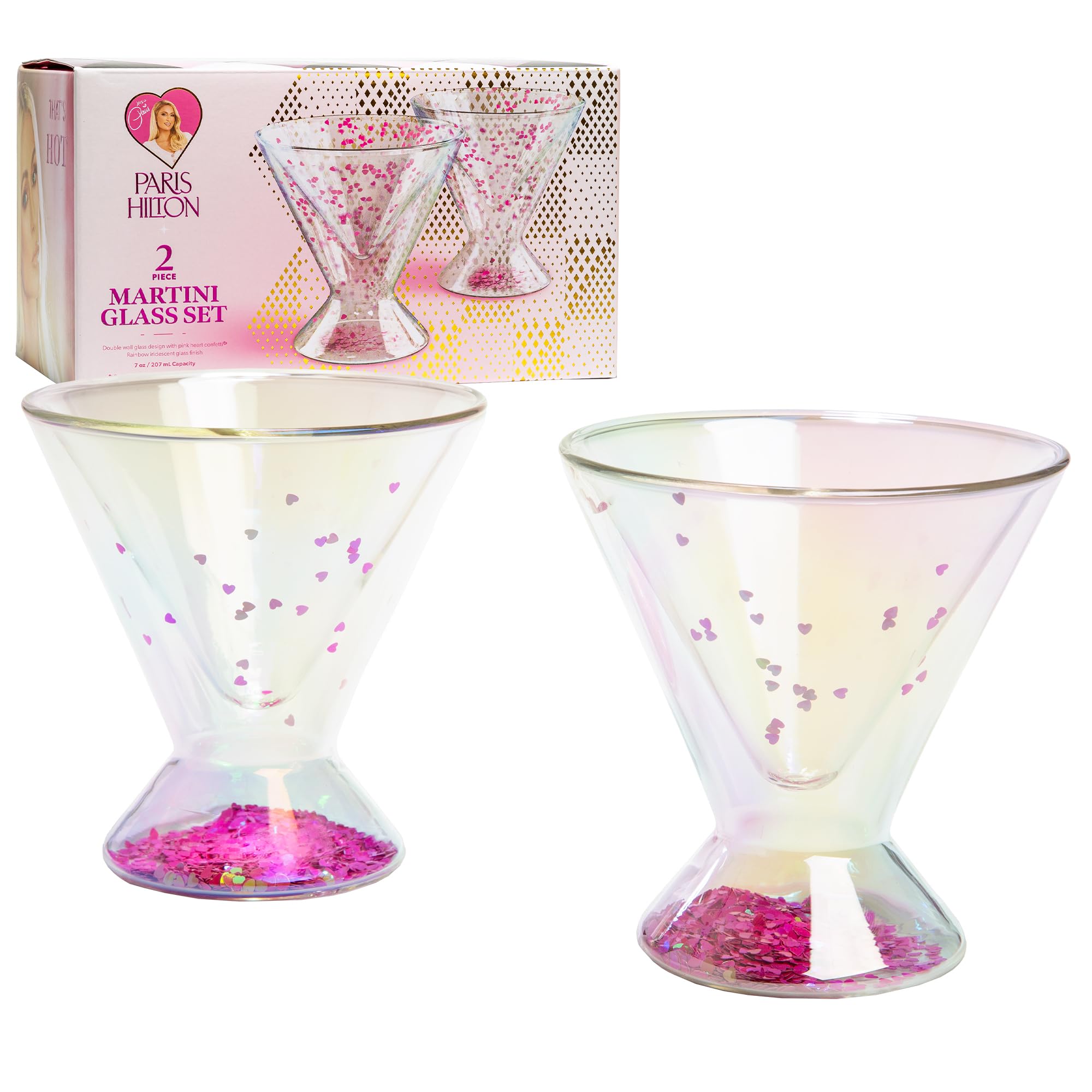 Paris Hilton 2-Piece Martini Glass Set, Double Wall Glass Design, Iridescent with Glitter Hearts - 207mL 7-Ounce