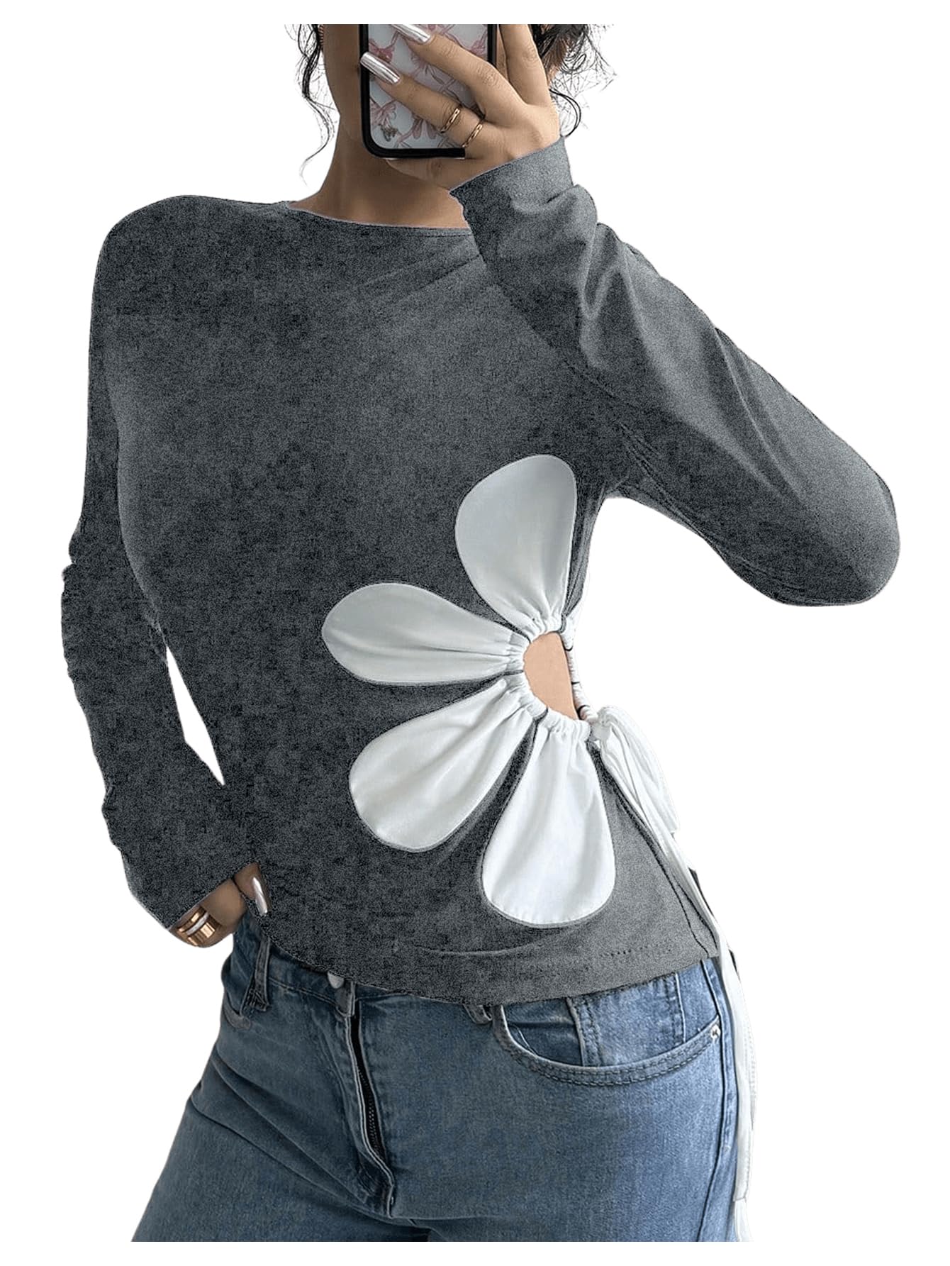 Women's Floral Pattern Hollow Out Tie Side T Shirts Crew Neck Long Sleeve Tee Tops