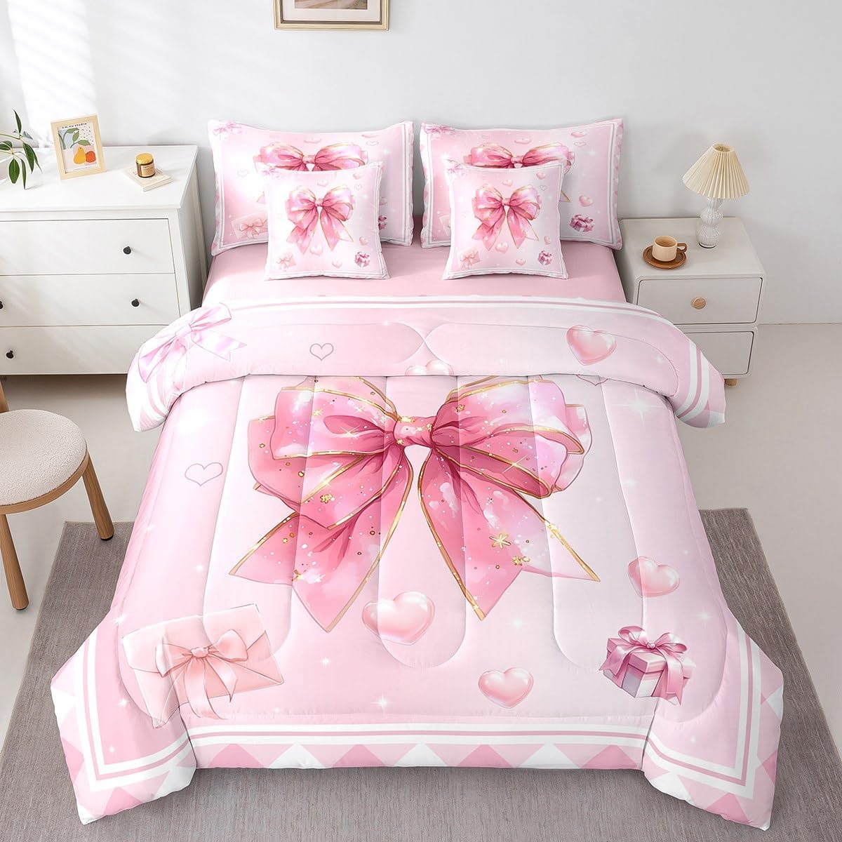 Princess Style Pink Bowknot Comforter Bedding Set, Bow Tie Pink White Dreamy Fairy Tale Bow (Comforter+Fitted+Flat Sheet+2 Pillowcases+2 Throw Pillow Covers) 7 Pieces Bed Set