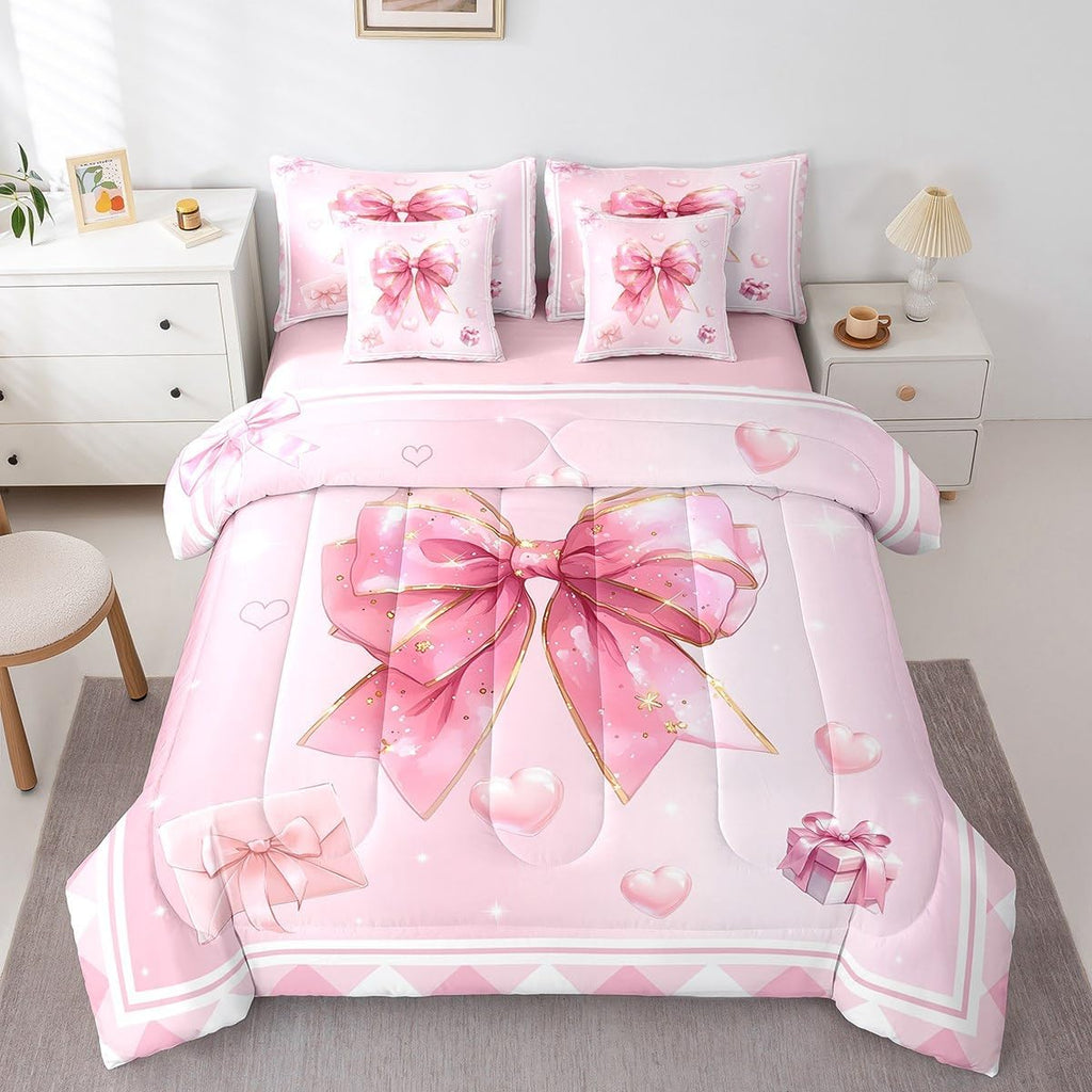 Princess Style Pink Bowknot Comforter Bedding Set, Bow Tie Pink White Dreamy Fairy Tale Bow (Comforter+Fitted+Flat Sheet+2 Pillowcases+2 Throw Pillow Covers) 7 Pieces Bed Set