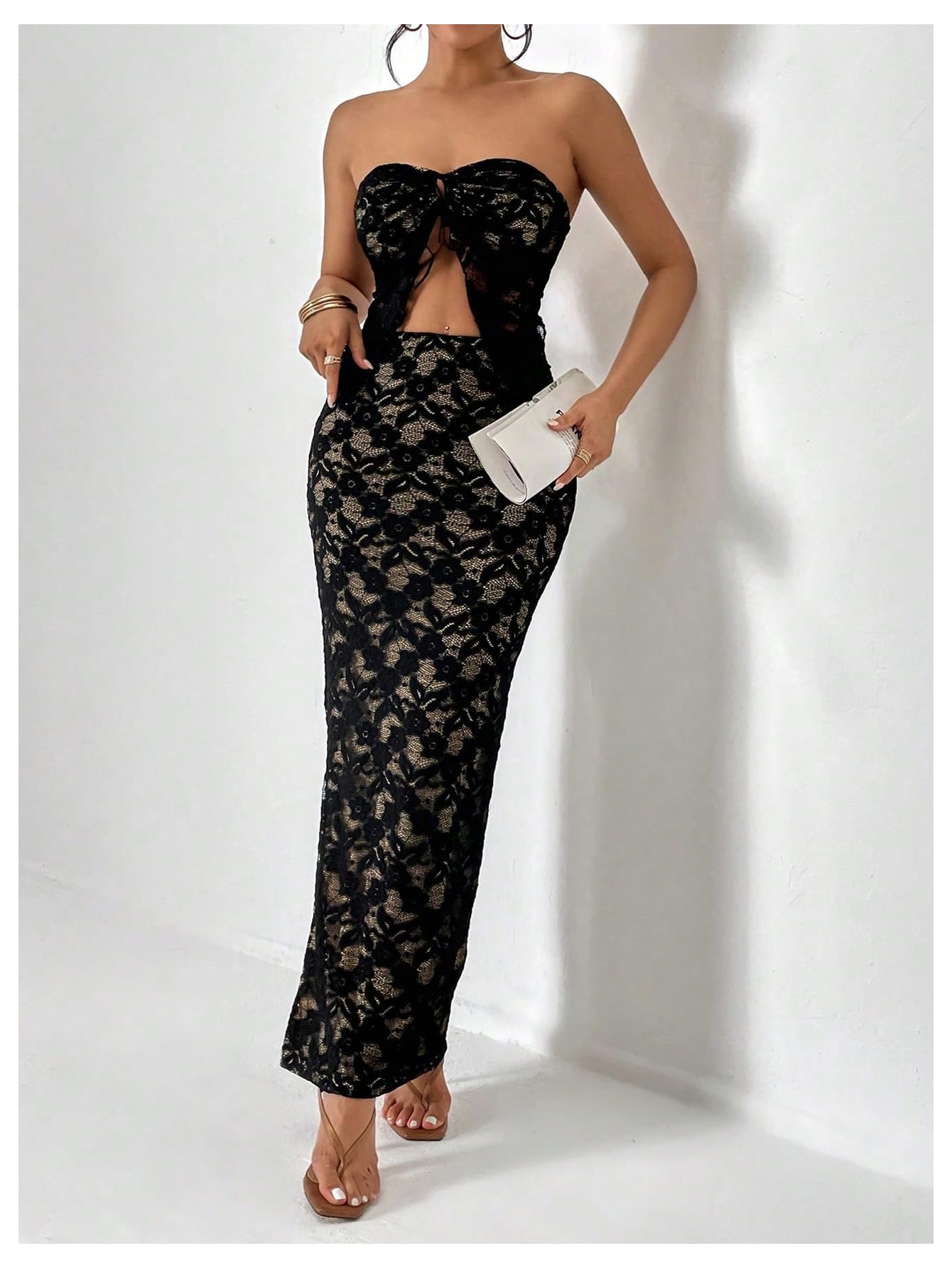 Women's 2 Piece Skirt Sets Lace Strapless Bandeau Tube Top and Bodycon Long Maxi Skirt Outfits