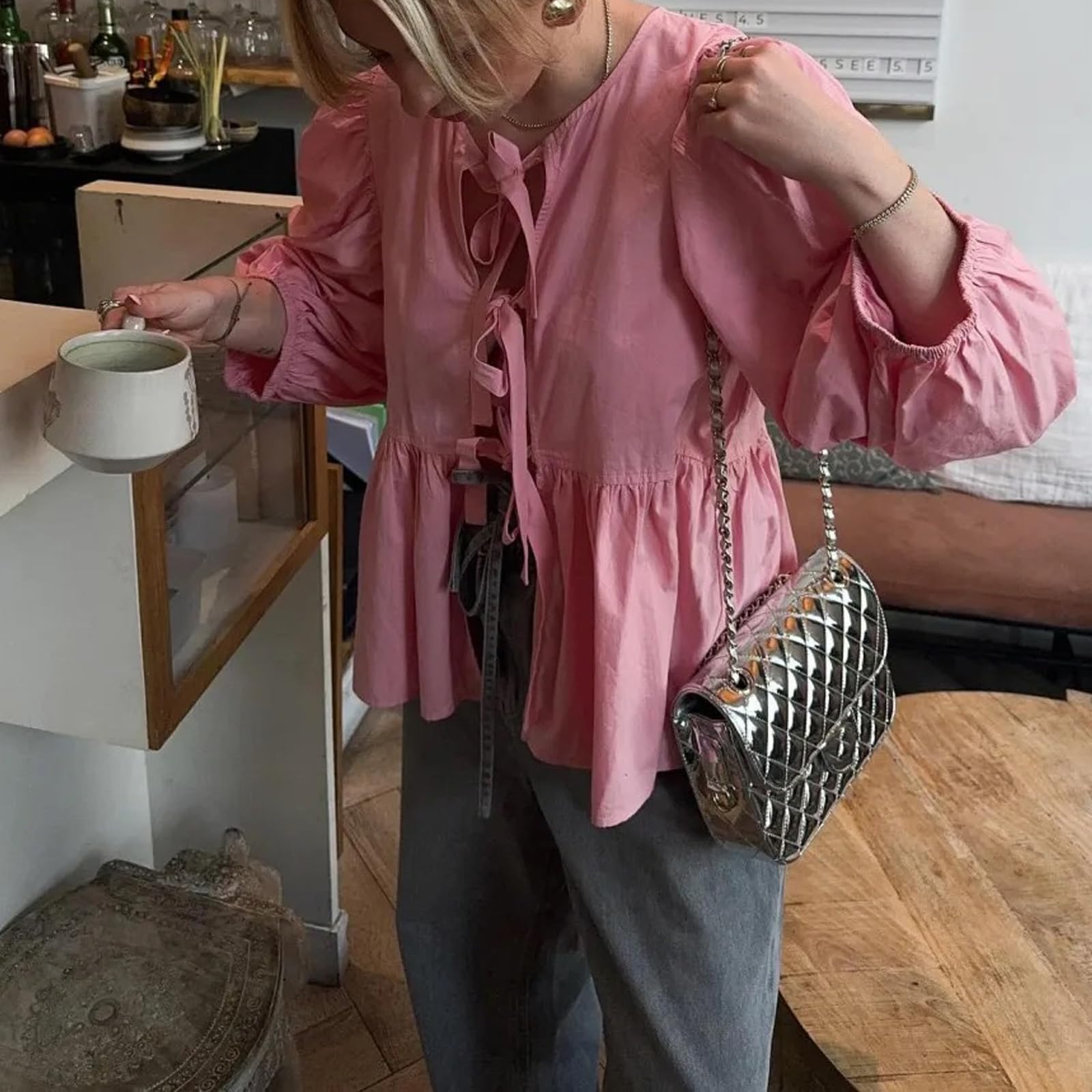 Tie Front Tops Womens Y2k Print Peplum Babydoll Top 3/4 Length Puff Sleeve Coquette Cute Going Out Tops