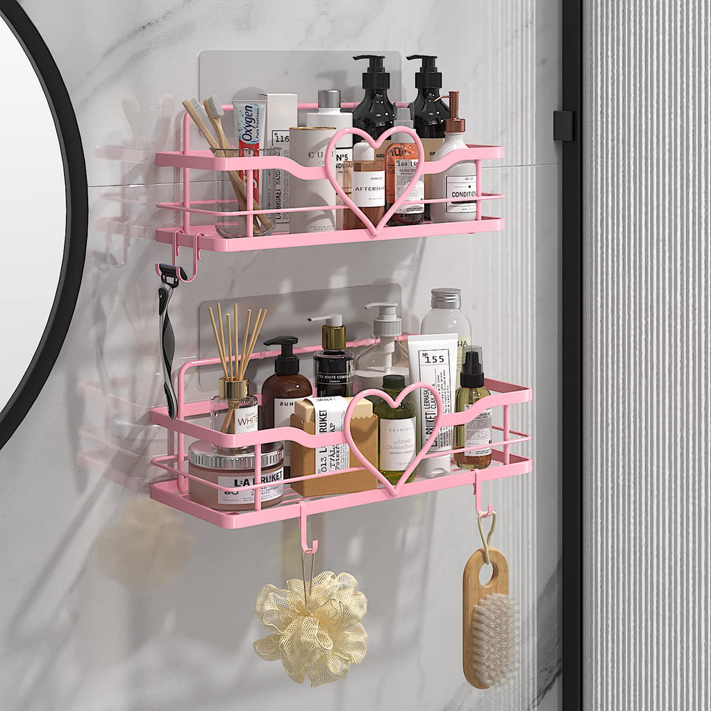 Heart Shower Caddy with 4 Removable Hooks, 2 Pack Sweet Heart Shower Shelves, No Drilling Adhesive Organizer Shelf