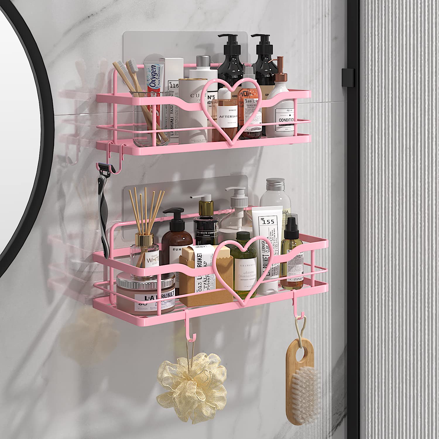 Heart Shower Caddy with 4 Removable Hooks, 2 Pack Sweet Heart Shower Shelves, No Drilling Adhesive Organizer Shelf