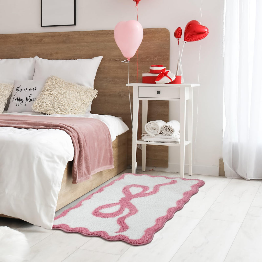 Scalloped Bow Bathroom Mat Non Slip Coquette Bow Rug Cute Aesthetic Scallop Carpet Preppy Room Decor Microfiber Absorbent Bath Rug for Bathroom Bathtub Shower Bedroom(Black,16" X 24")