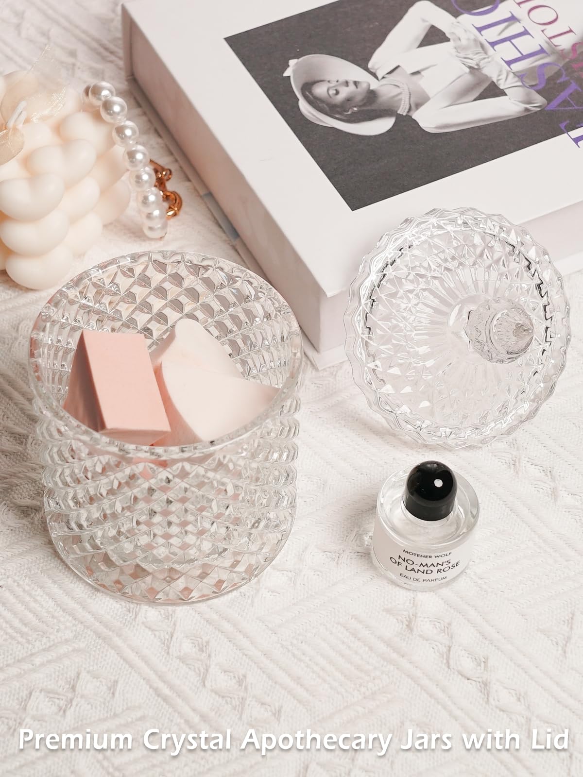 Cute Glass Apothecary Jars with Lid, Pink Cotton Ball Pad Round Container Holders and Vanity Canister Storage Jar for Makeup Sponges, Floss, Hair Accessories 2 Pack