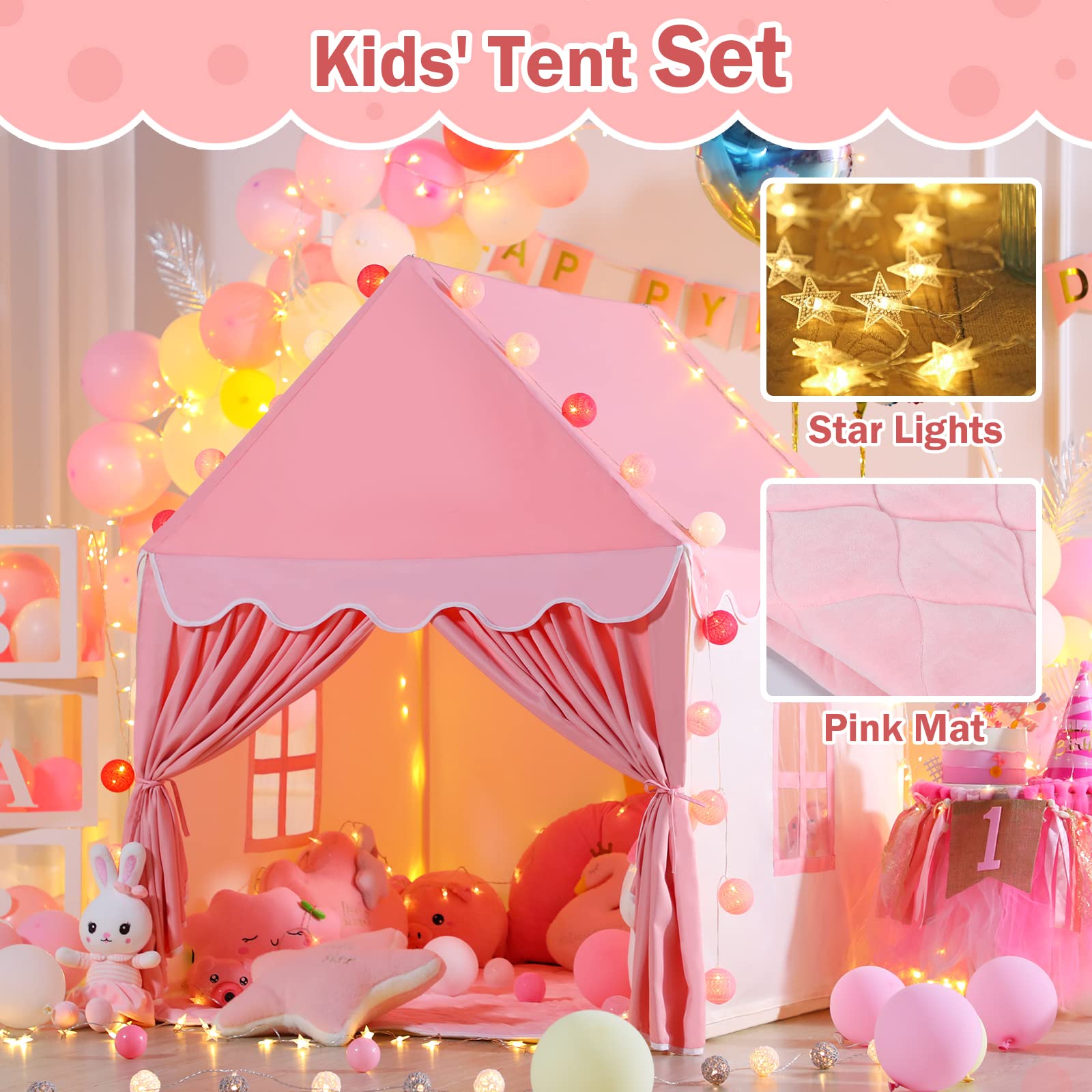 Kid Tent with Mat, Star Lights - Kids Play Tents for Toddlers Kids Tents Indoor Playhouse - Princess Tent for Girls Toy House
