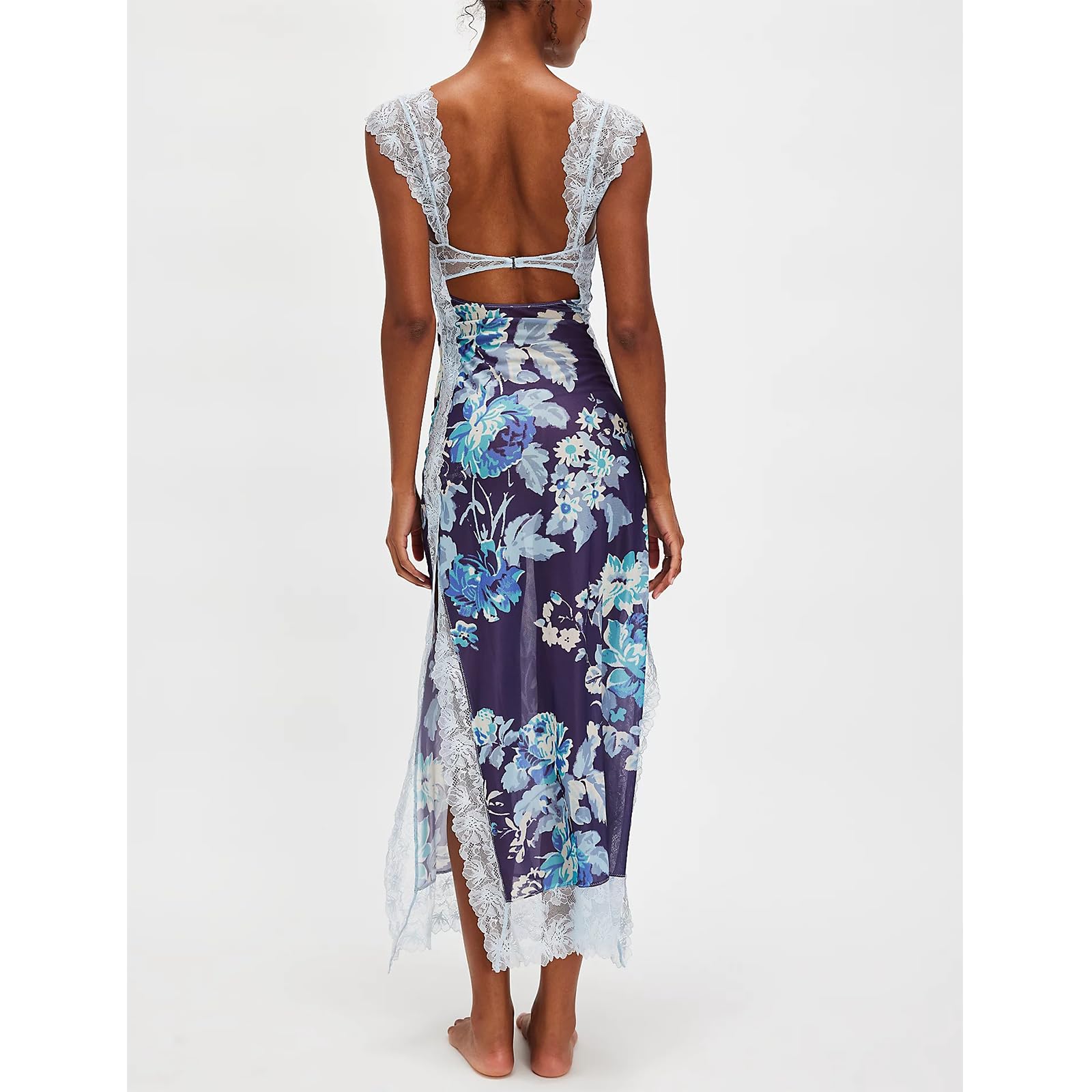 Women Sleeveless Maxi Dress Backless Bodycon Floral Printed Spaghetti Strap Long Dress Sheer Mesh Summer One-Piece