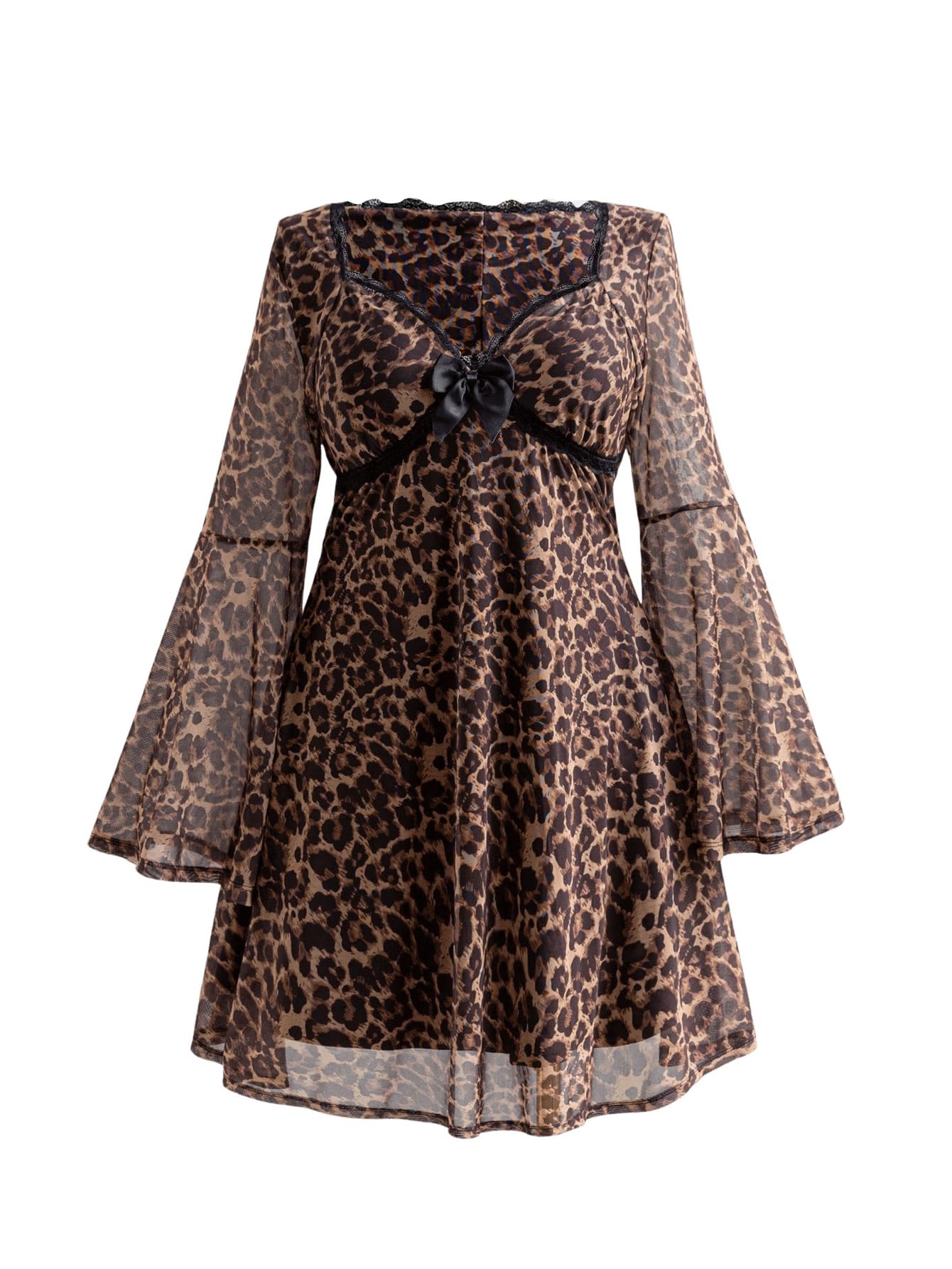 Women's Plus Size Lace Leopard Print Bell Sleeve Bow Front Dress Mini
