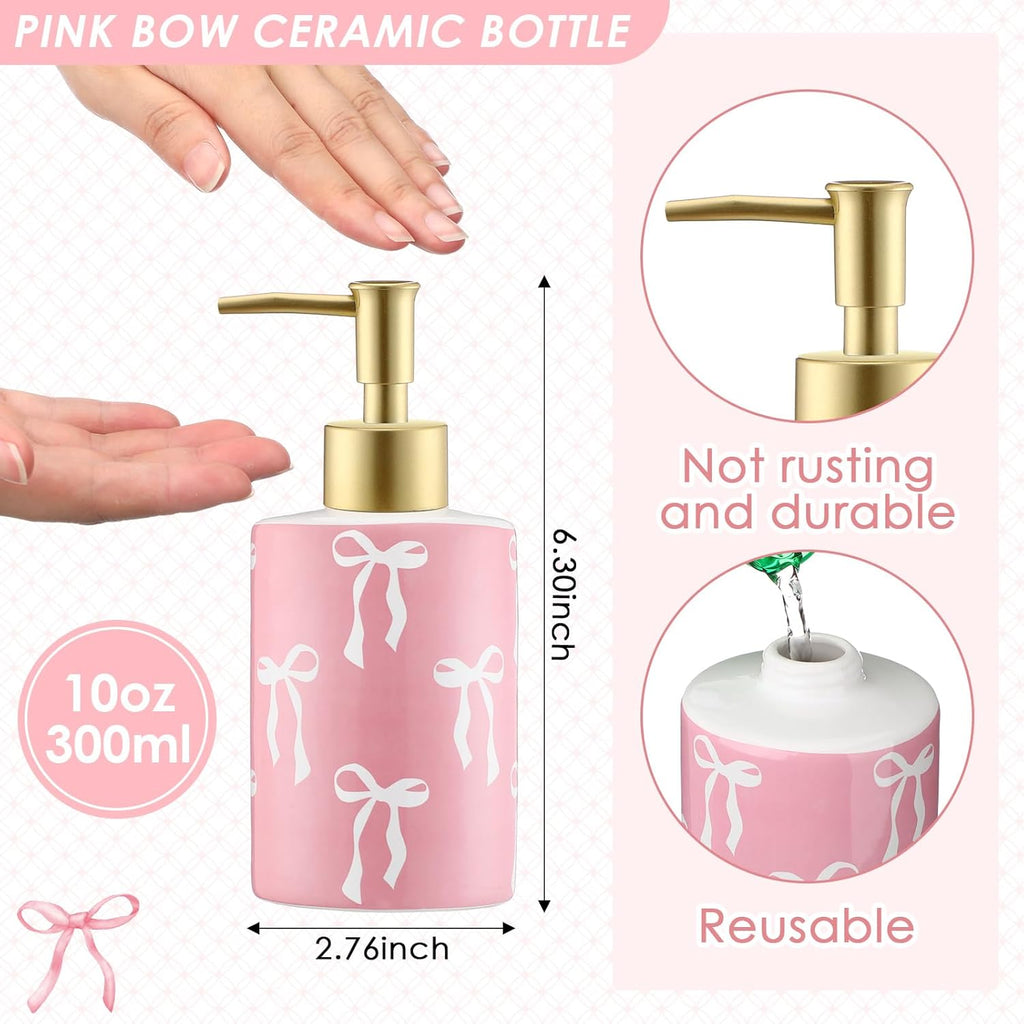 Pink Bow Soap Dispenser Cute Coquette Hand Soap Dispenser with Pump Rust Proof Refillable Ceramic Lotion Bottle Preppy Accessories for Bathroom Kitchen Decor