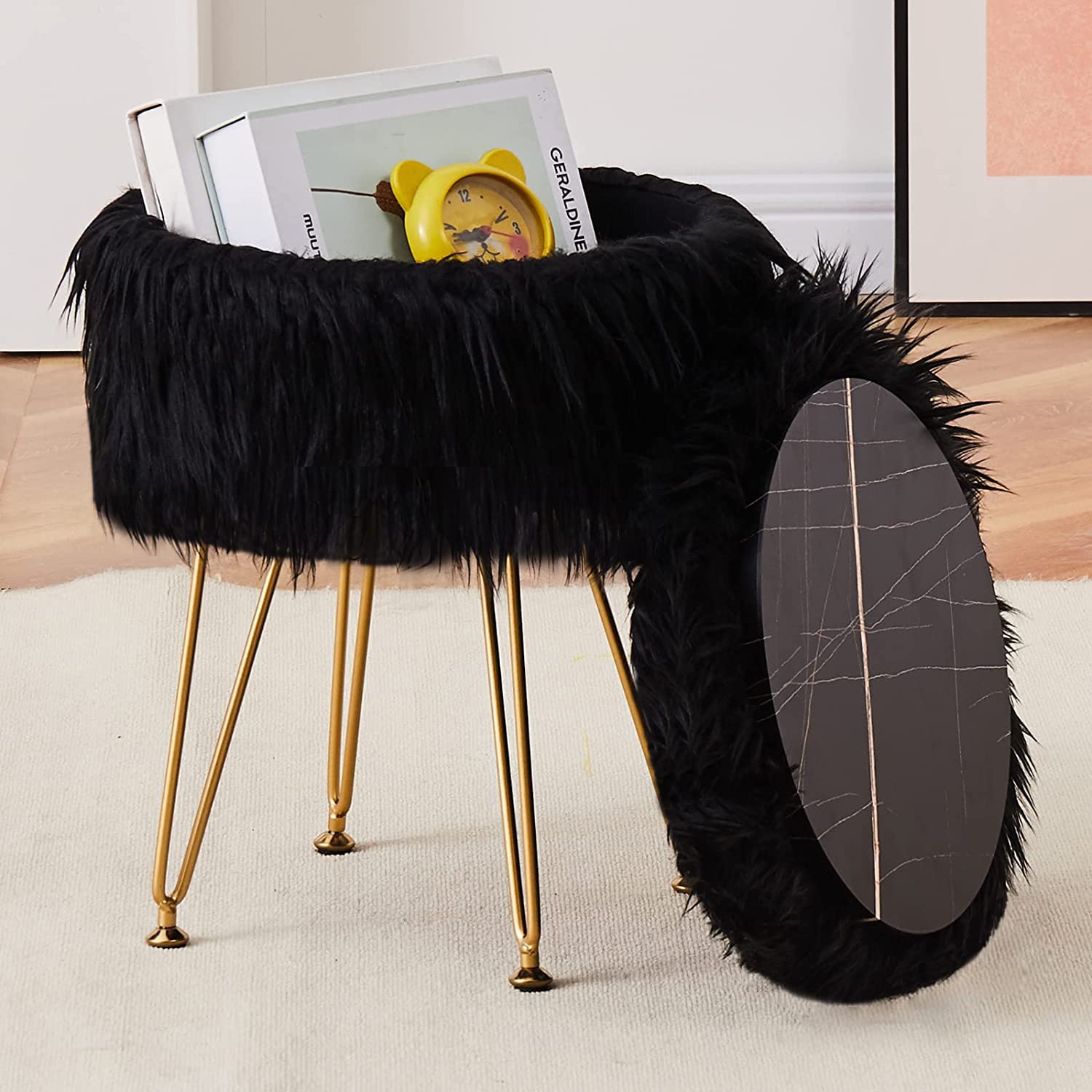 Faux Fur Storage Ottoman Round Furry Vanity Stool Marble Grain Tray Coffee Table Compact Footrest Stool with 4 Metal Legs Soft Makeup Seat Foot Stools for Living Room Bedroom Entryway