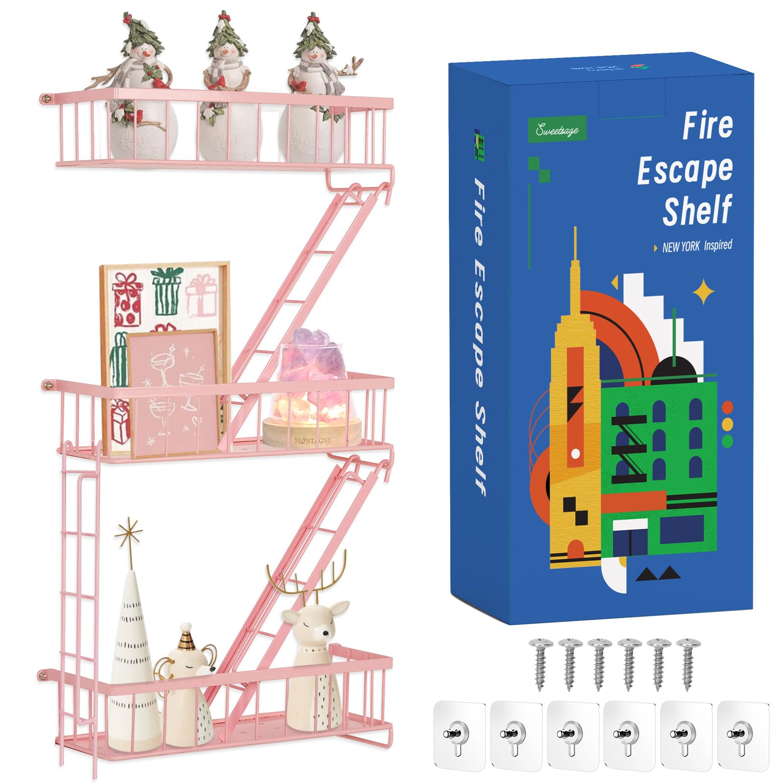 Fire Escape Shelf - Wall Decor Floating Shelves, Cute Metal Ladder Shelving for Bedroom, Home Decor Display (3-Tier)