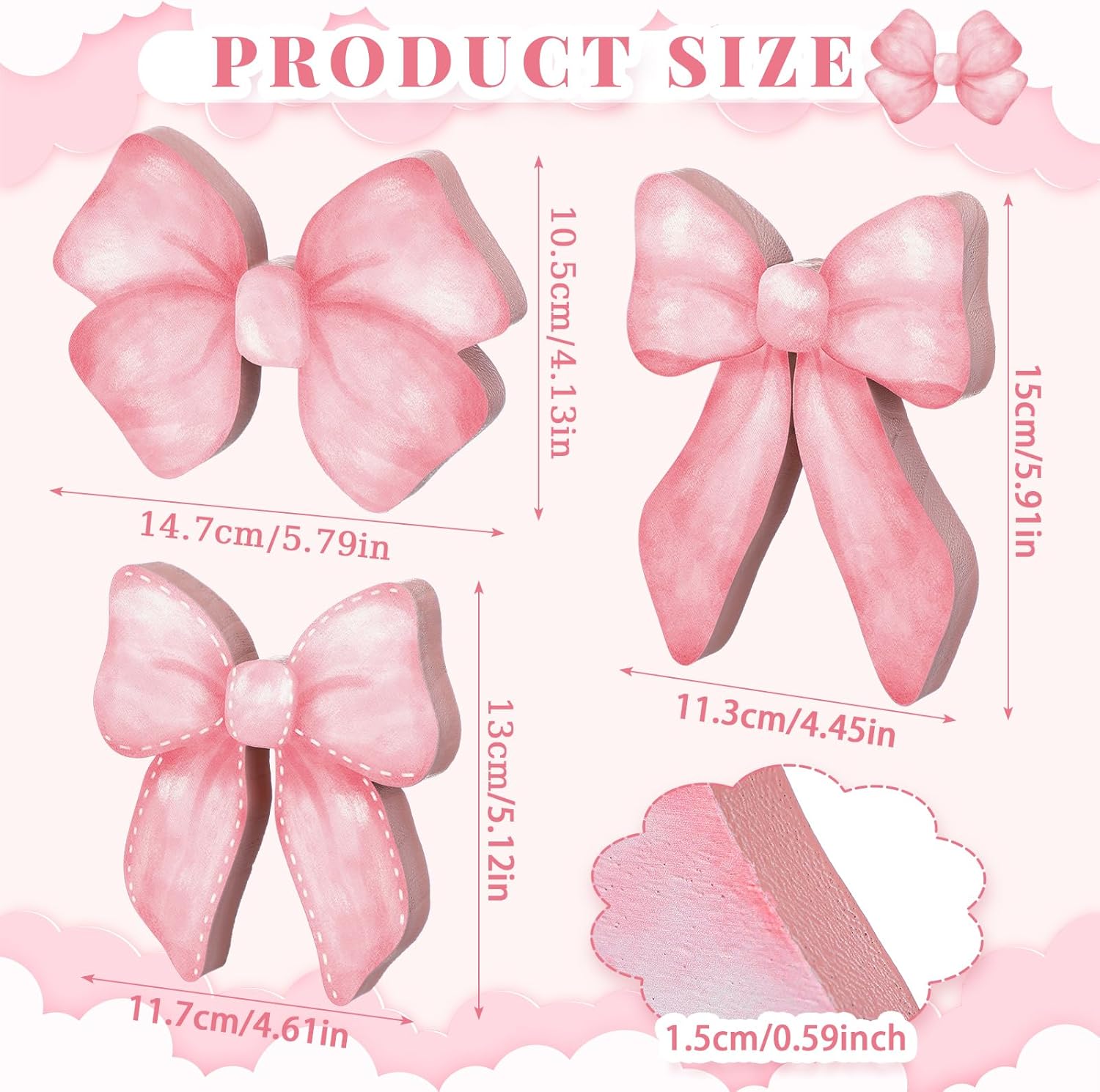 Pink Bow Coquette Room Decor Wooden Sign - Bow Tiered Tray Decor, Wall Desk Shelf Tabletop Decoration 3 Pcs