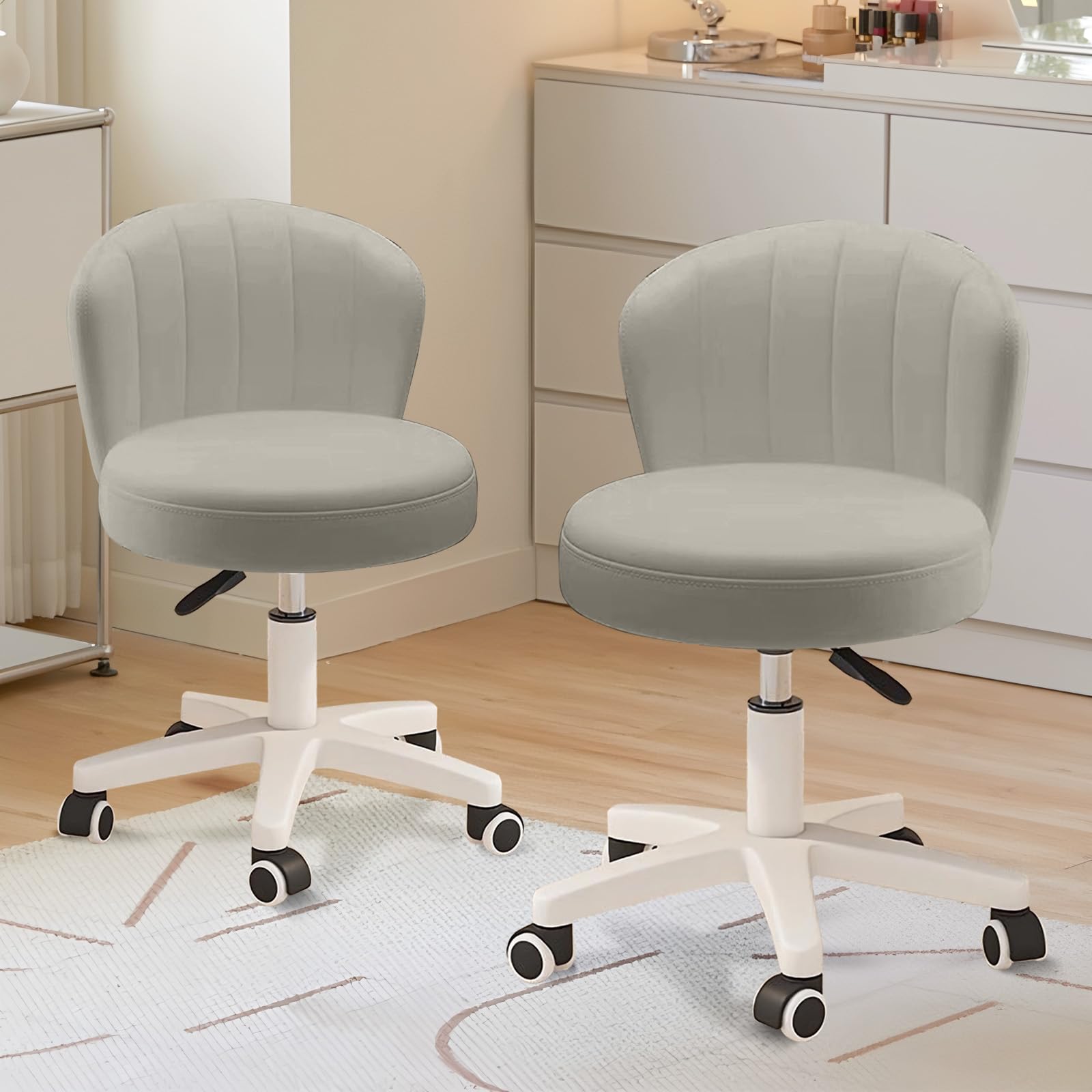 Small Desk Chair Round Rolling Chair with Back PU Leather Height Adjustable Swivel Vanity Work Computer Stool Chair