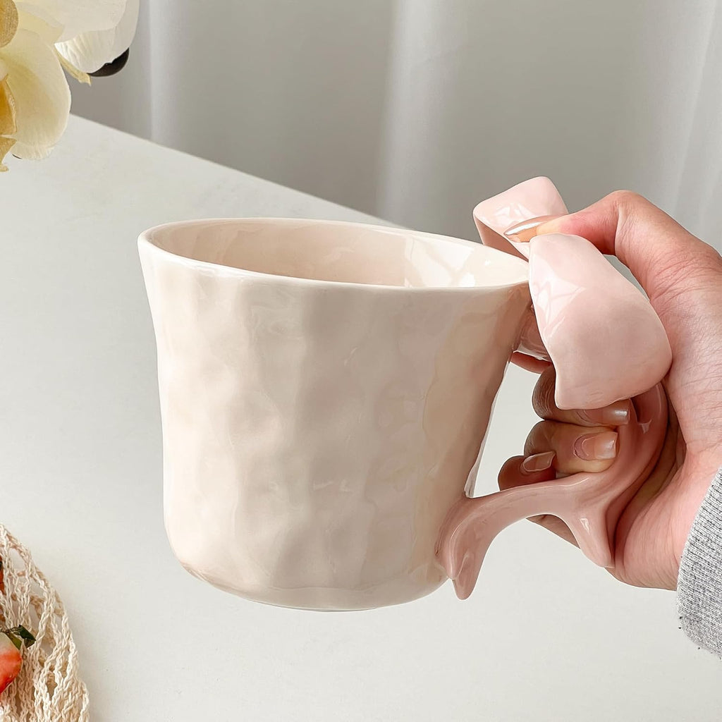 Ceramic Mug with Pink Bow Handle - Cute Girly Cup for 14oz/440ml, Handmade Kawaii Mug