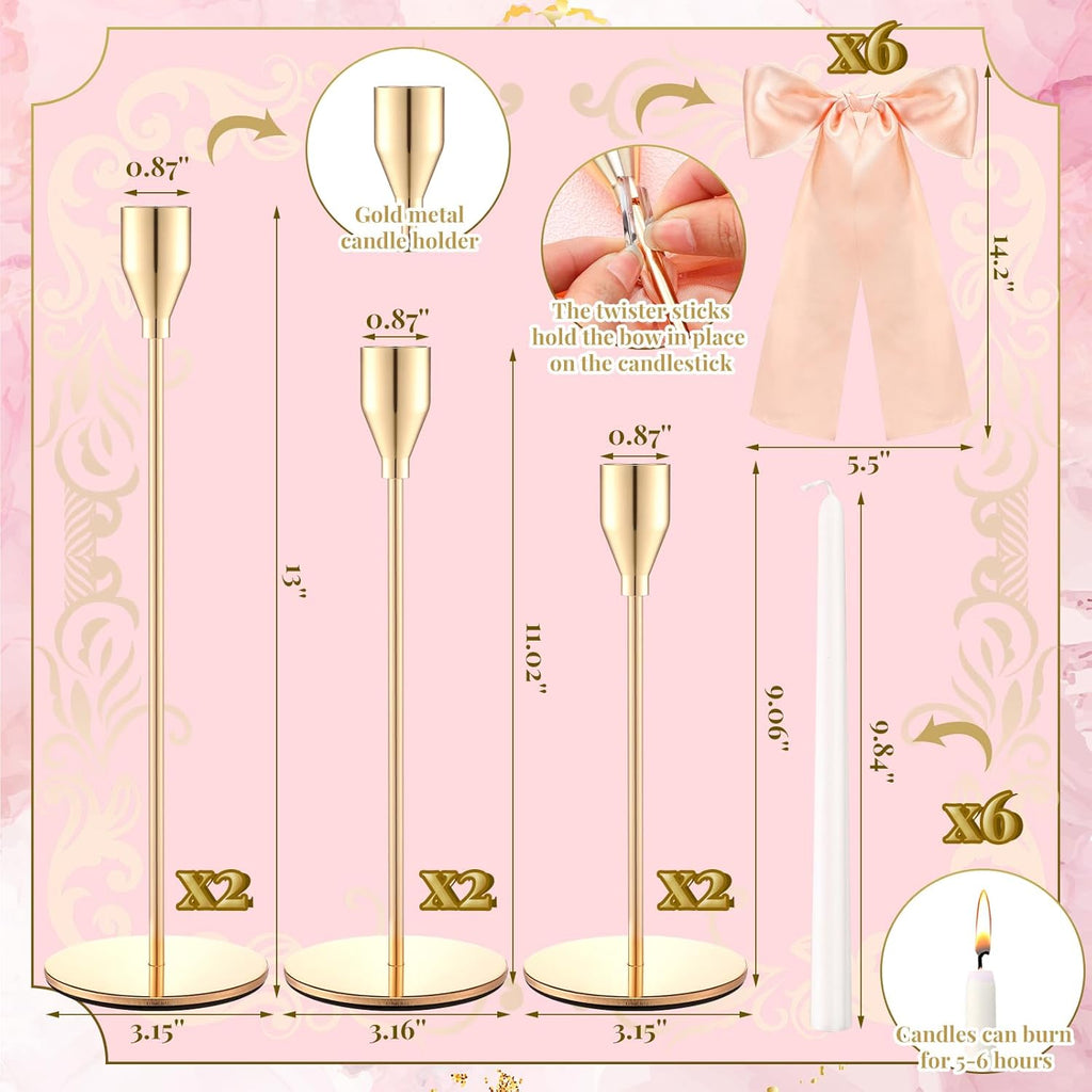 Gold Candlestick Holders with Stain Bow and Long Candles Metal Taper Candle Holders Champagne Pink Satin Bow Coquettish Decor