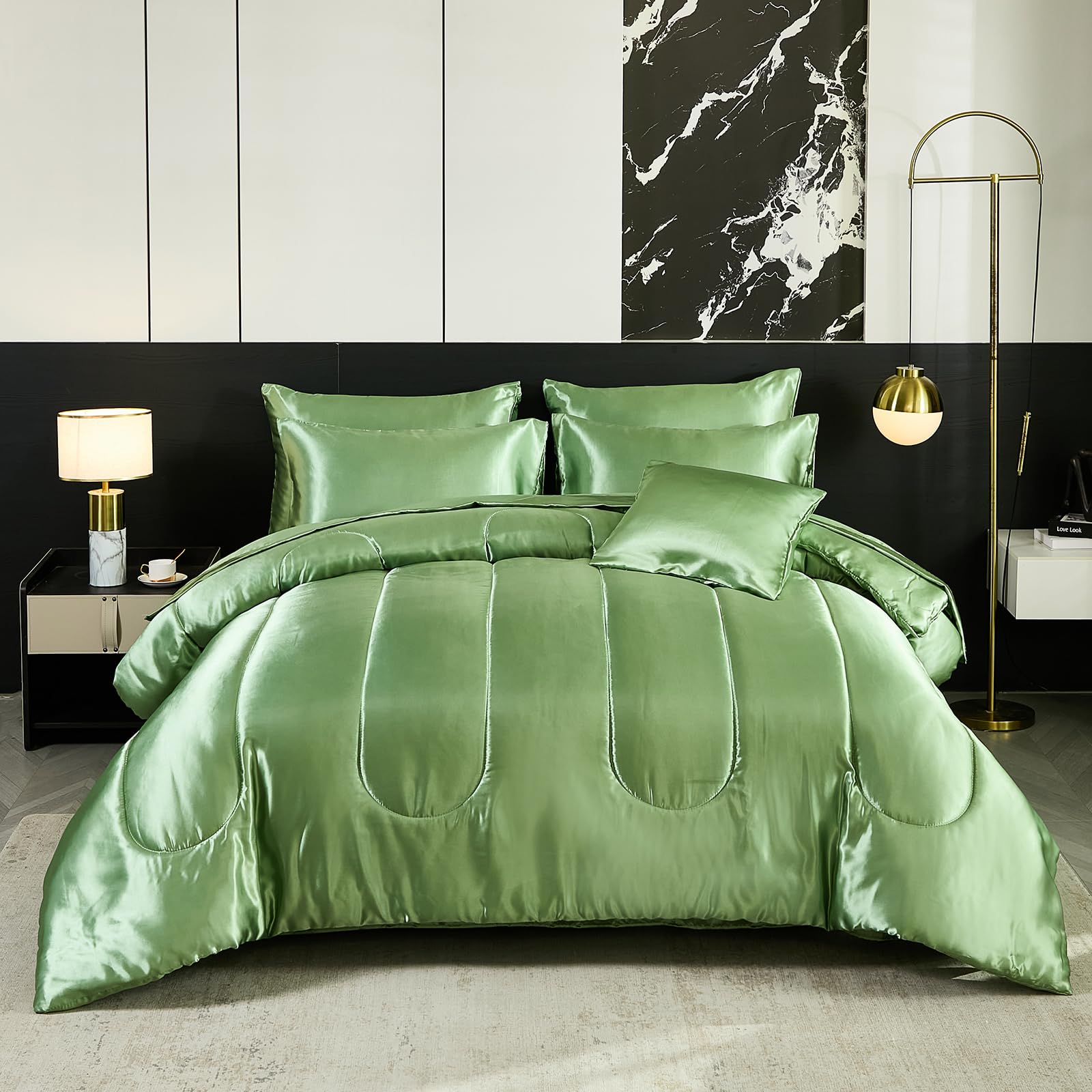 Satin Comforter Set with Sheet Set Full Silk Like Hot Pink Bed in a Bag Luxury Silky Bedding with 1 Comforter, 1 Flat Sheet, 1 Fitted Sheet, 4 Pillowcases, 1 Cushion Cover (Full, Hot Pink)