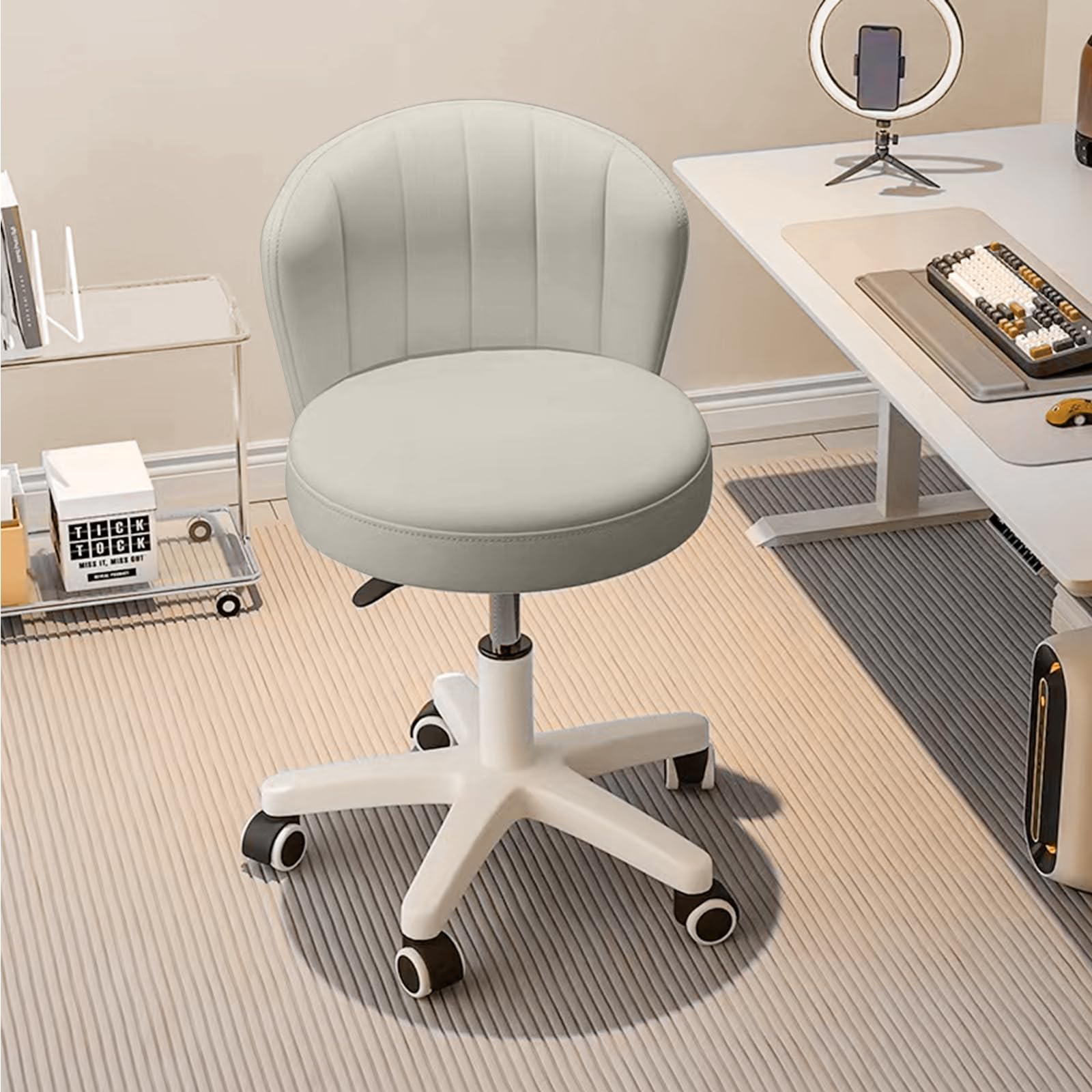 Small Desk Chair Round Rolling Chair with Back PU Leather Height Adjustable Swivel Vanity Work Computer Stool Chair