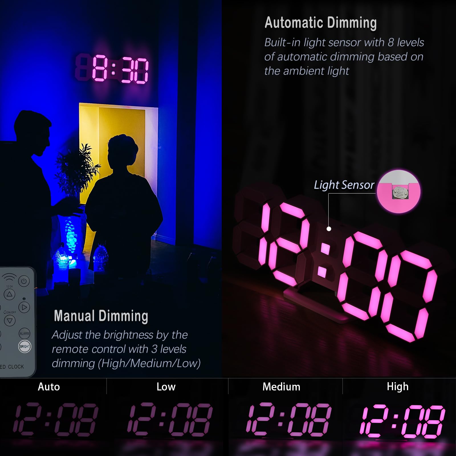 LED 3D Wall Clock 9.7" Clock with Remote/Dimming/12/24H/Temp/Alarm Clock/Date