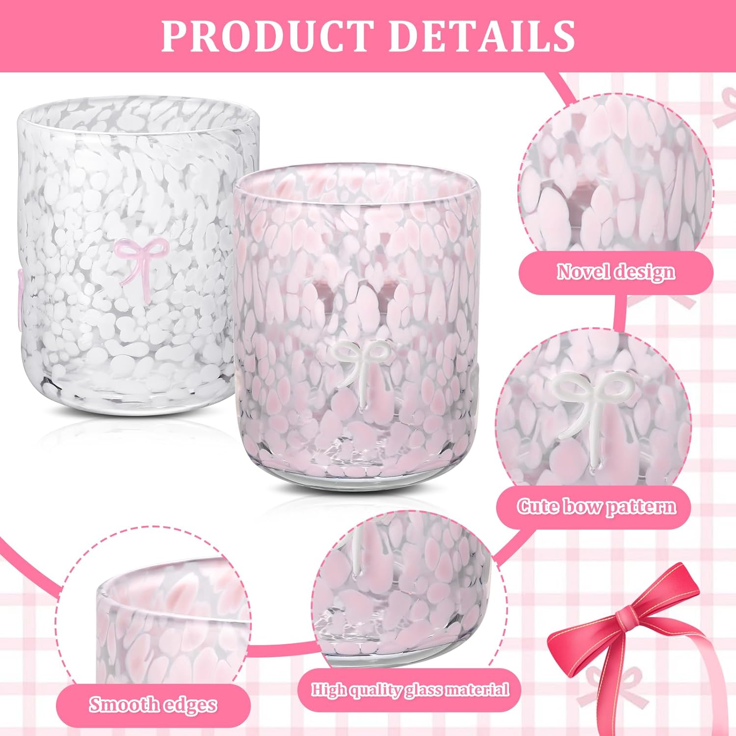 Coquette Aesthetic 2 Pack Bow Juice Glasses Glass Cups 14 oz Double Old Fashioned Icon Handblown Stemless Wine Glasses Cute Pink Glass