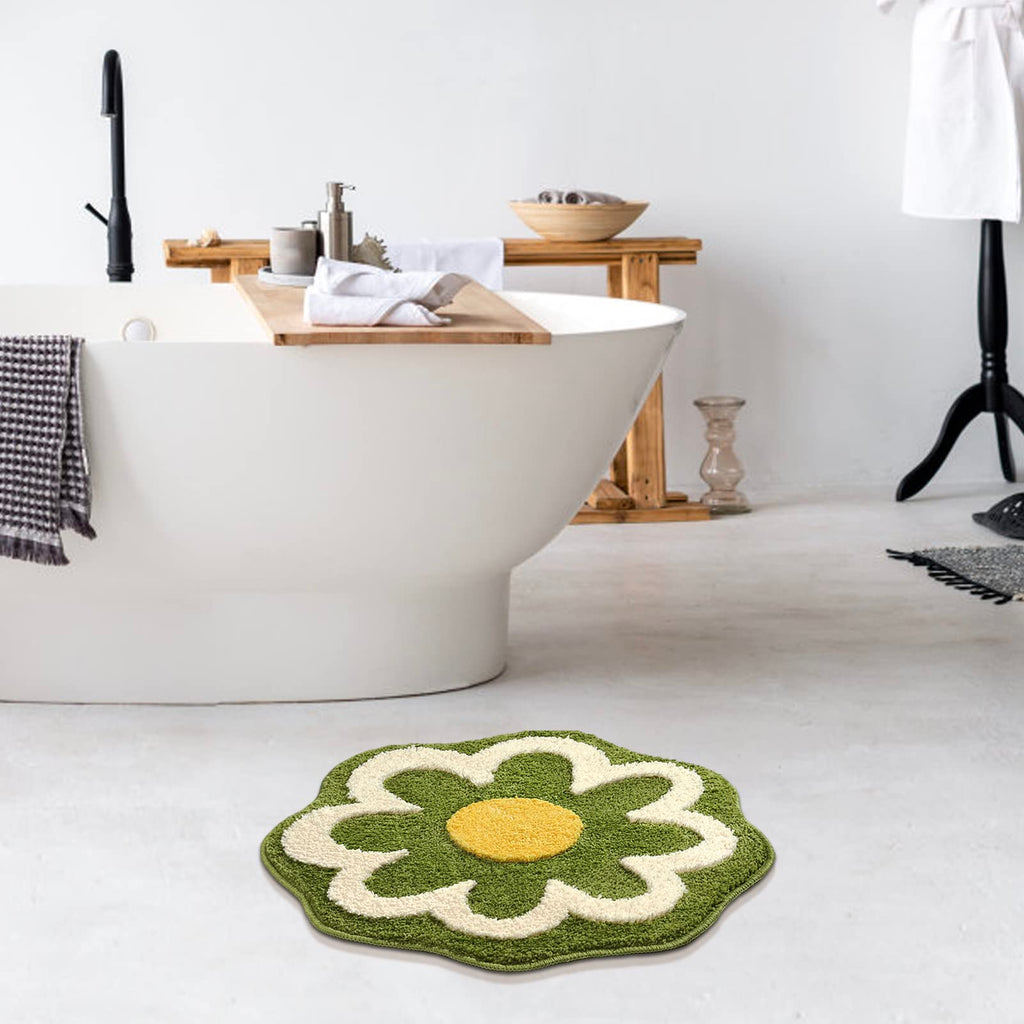 Cute Flower Bath Mat, Machine Washable Bath Rug, Ultra Soft and Fluffy Bathroom Mat, Small Round Non-Slip Water Absorbent Bath Mats for Bathroom Floor, Shower Room and Bathtub